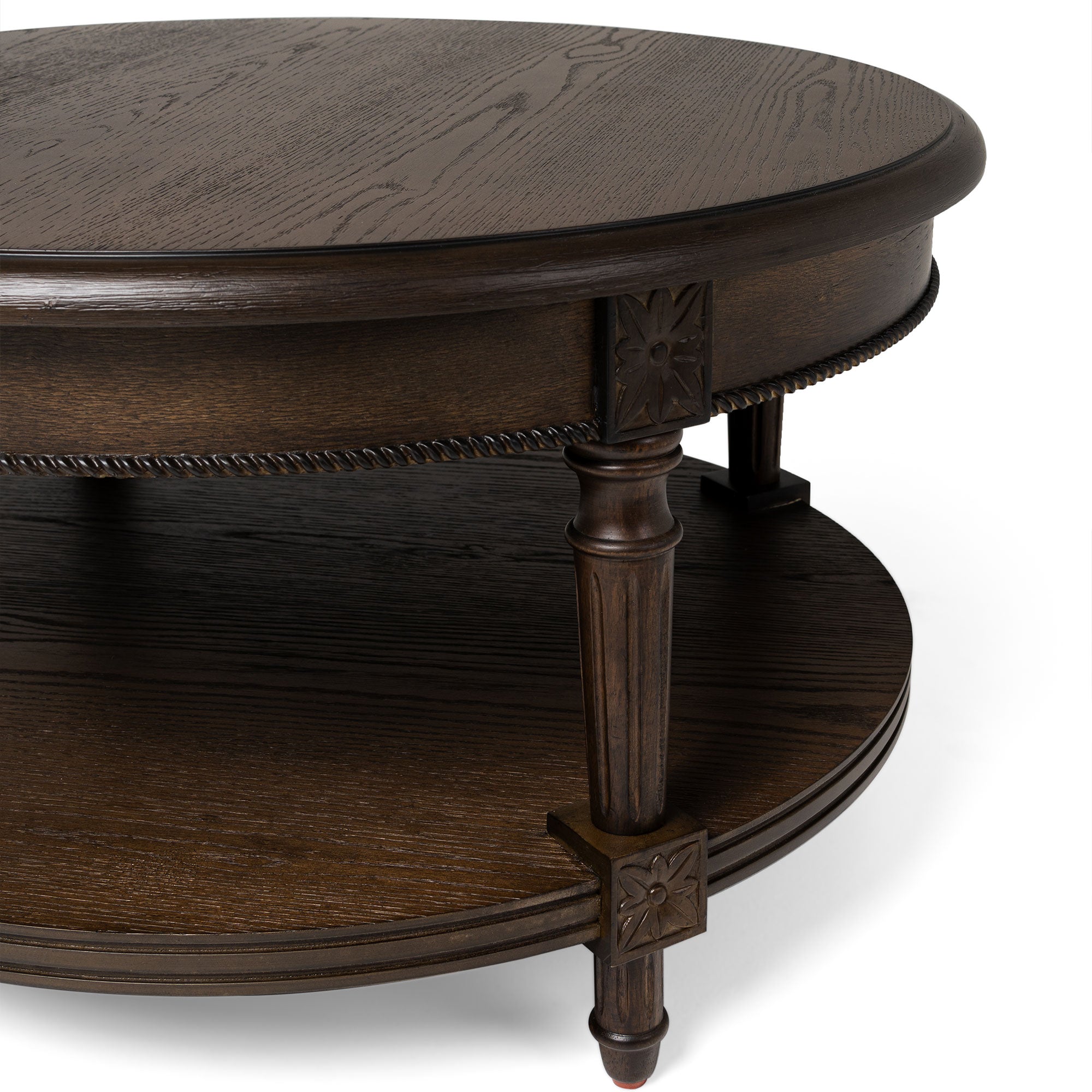 Pullman Traditional Round Wooden Coffee Table in Antiqued Brown Finish in Accent Tables by Maven Lane