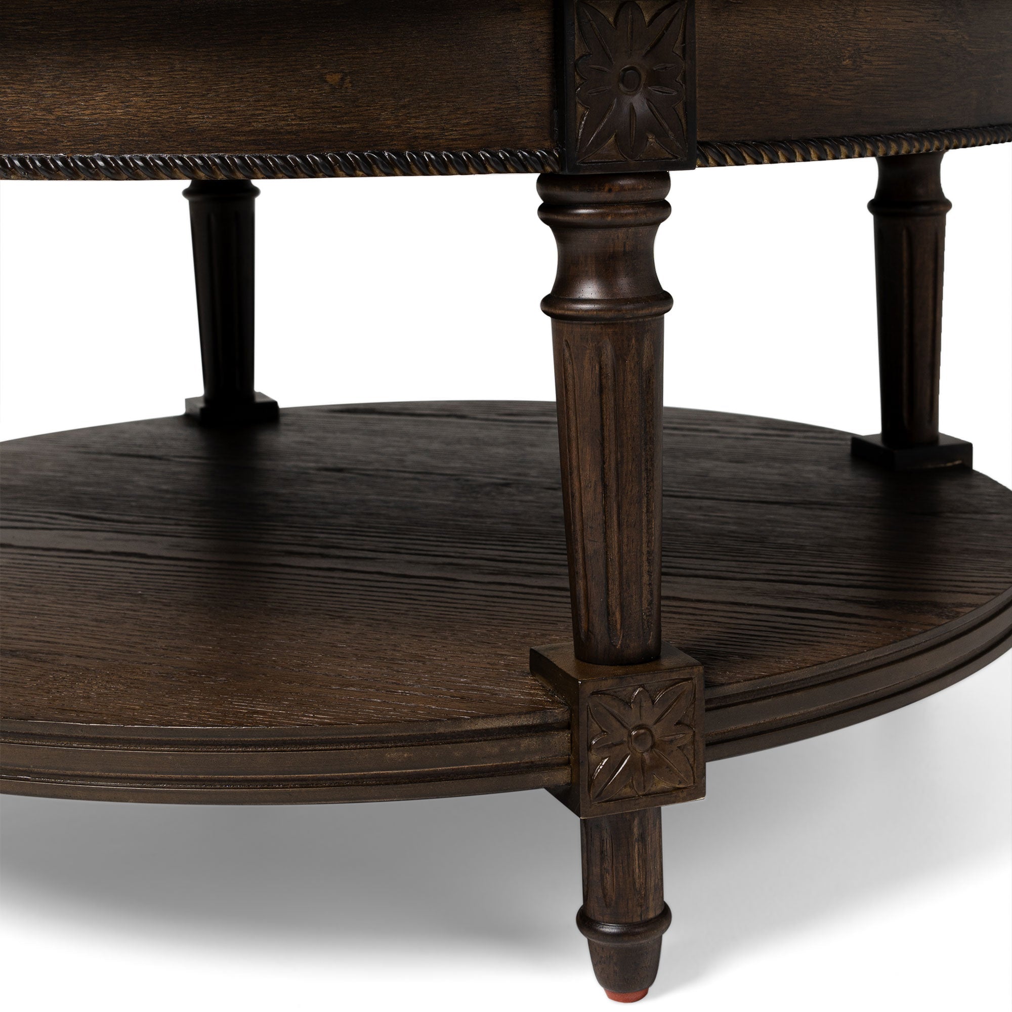 Pullman Traditional Round Wooden Coffee Table in Antiqued Brown Finish in Accent Tables by Maven Lane