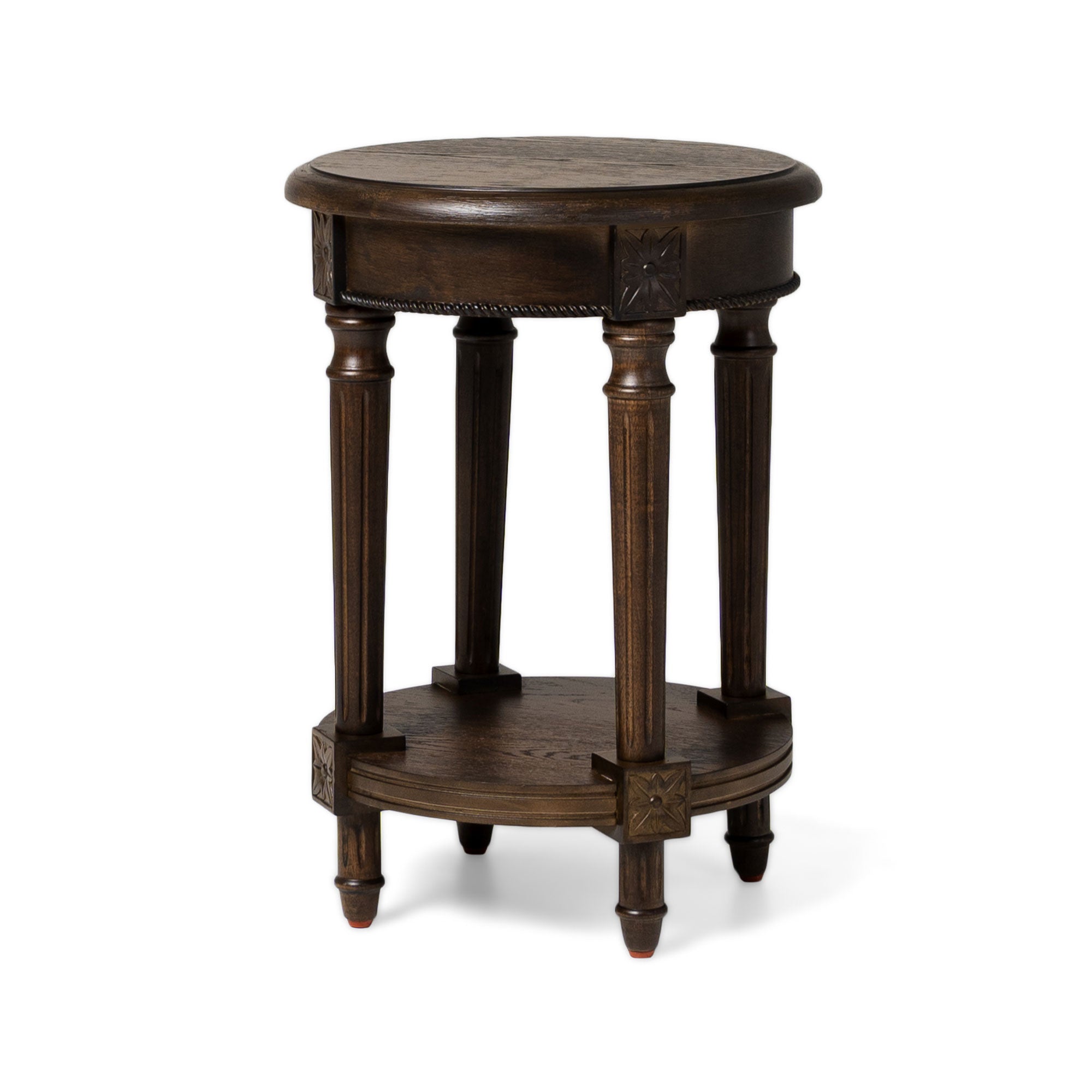 Pullman Traditional Round Wooden Side Table in Antiqued Brown Finish in Side Table by Maven Lane