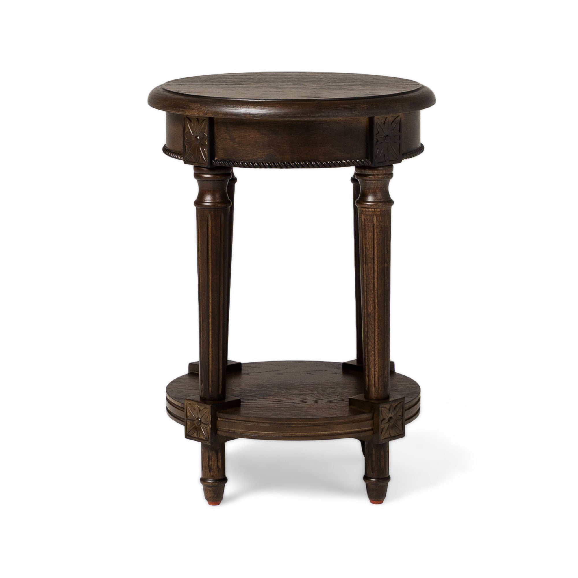 Pullman Traditional Round Wooden Side Table in Antiqued Brown Finish in Accent Tables by Maven Lane