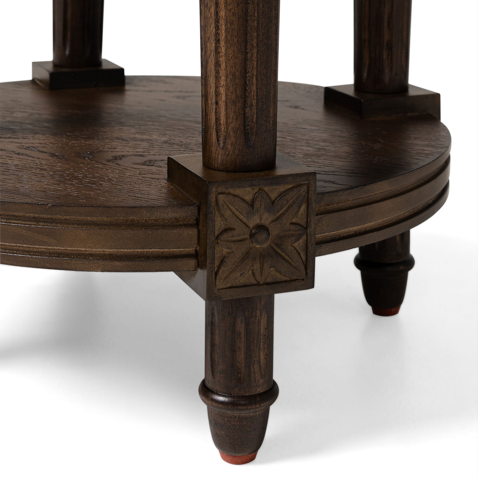 Pullman Traditional Round Wooden Side Table in Antiqued Brown Finish in Accent Tables by Maven Lane