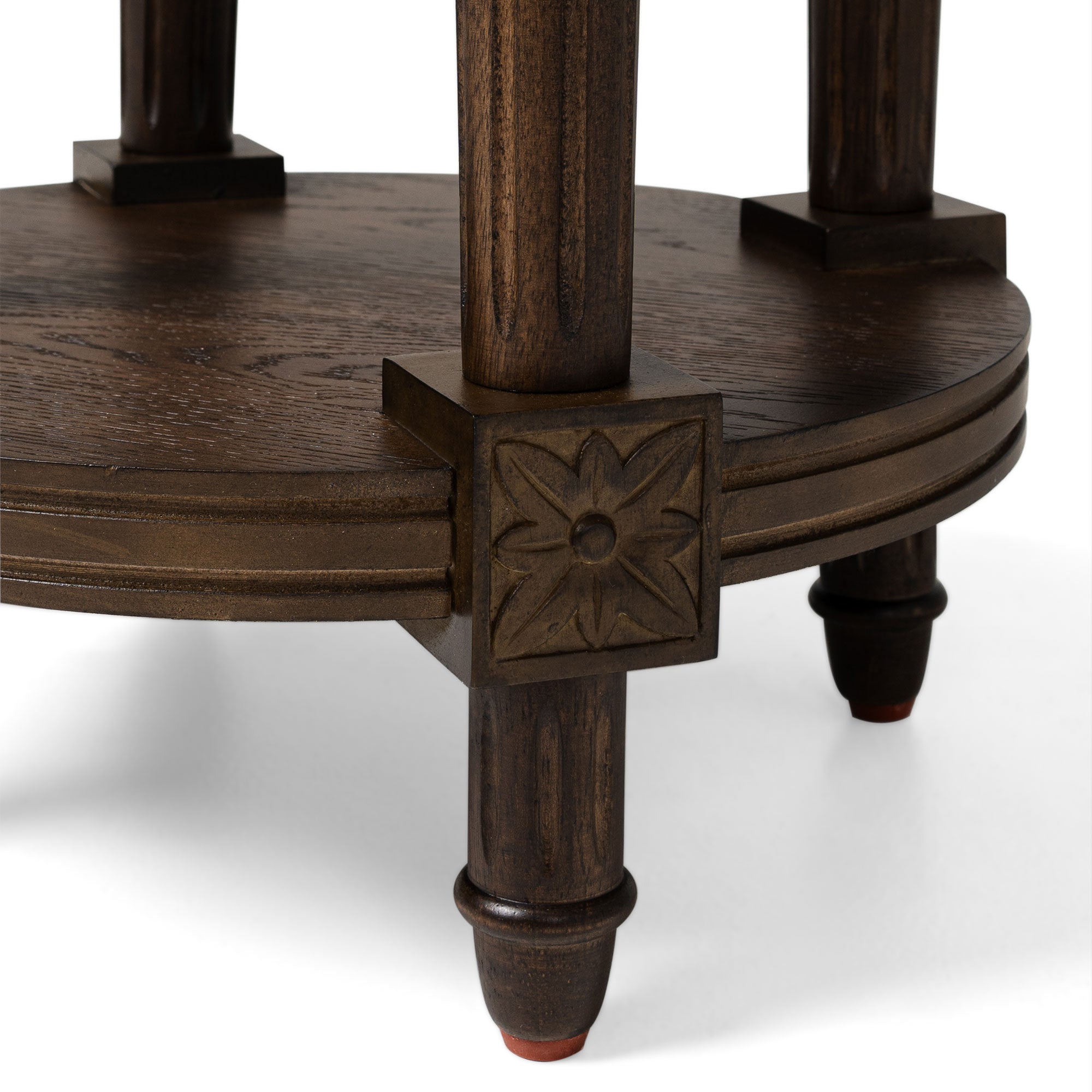 Pullman Traditional Round Wooden Side Table in Antiqued Brown Finish in Side Table by Maven Lane