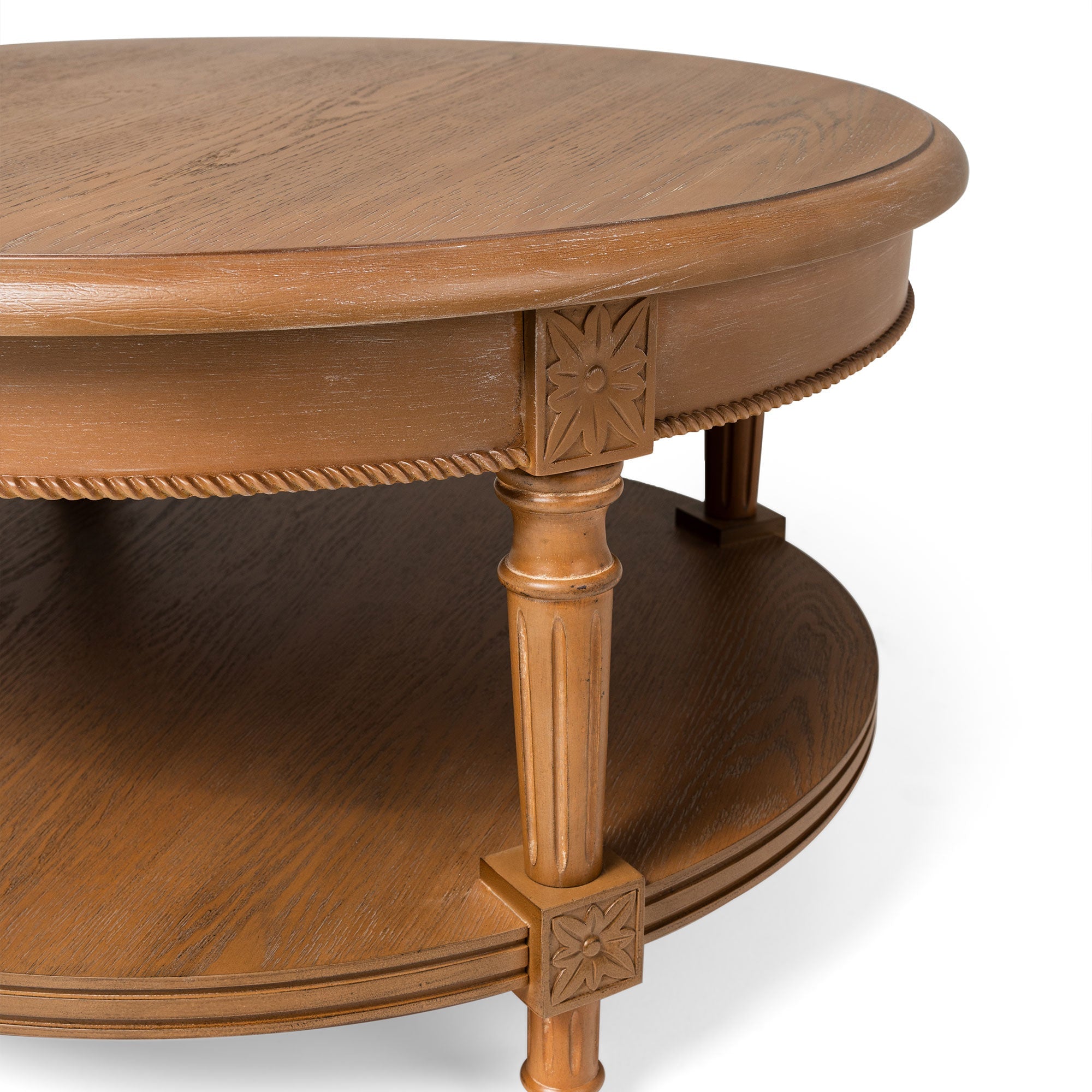 Pullman Traditional Round Wooden Coffee Table in Antiqued Natural Finish in Accent Tables by Maven Lane