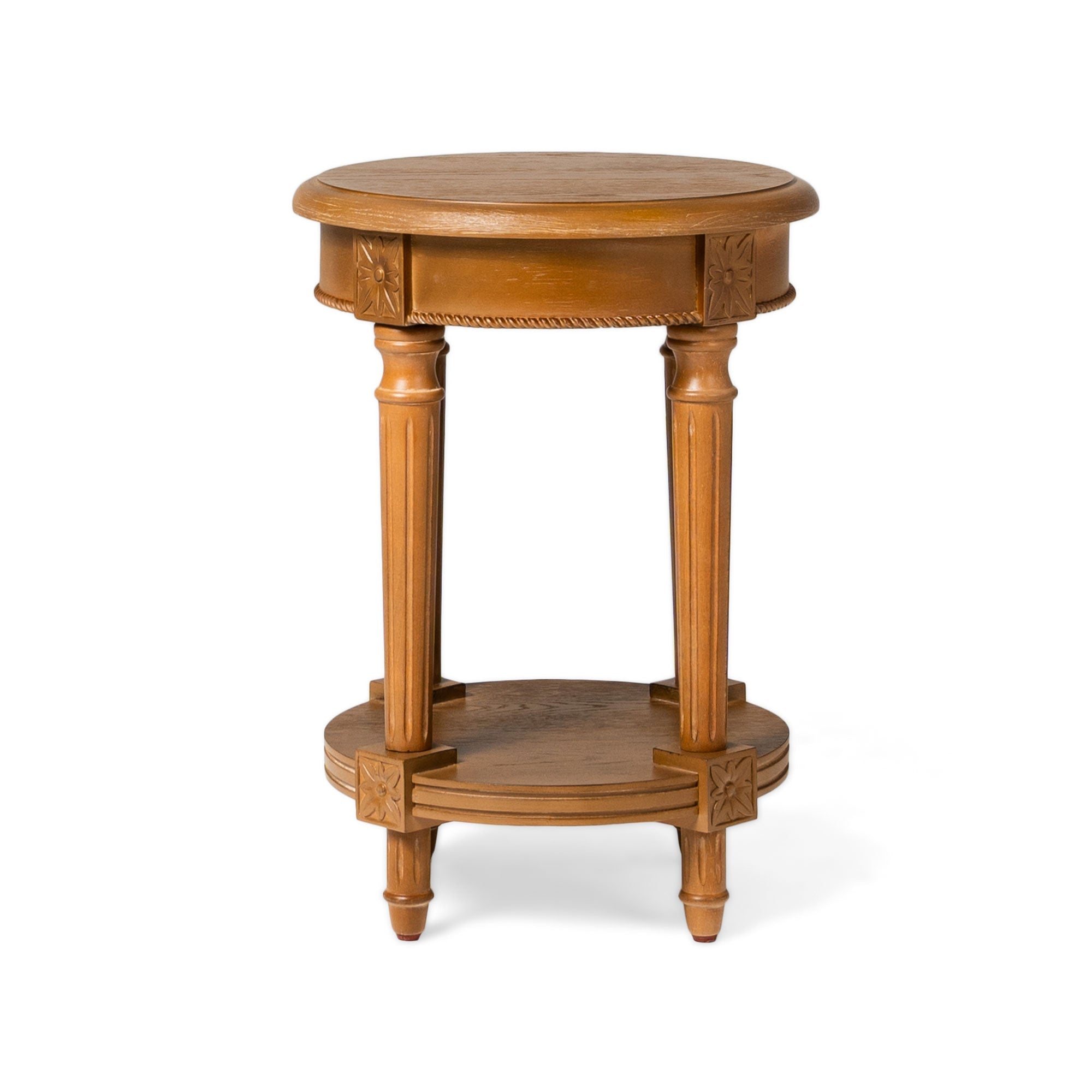 Pullman Traditional Round Wooden Side Table in Antiqued Natural Finish in Accent Tables by Maven Lane