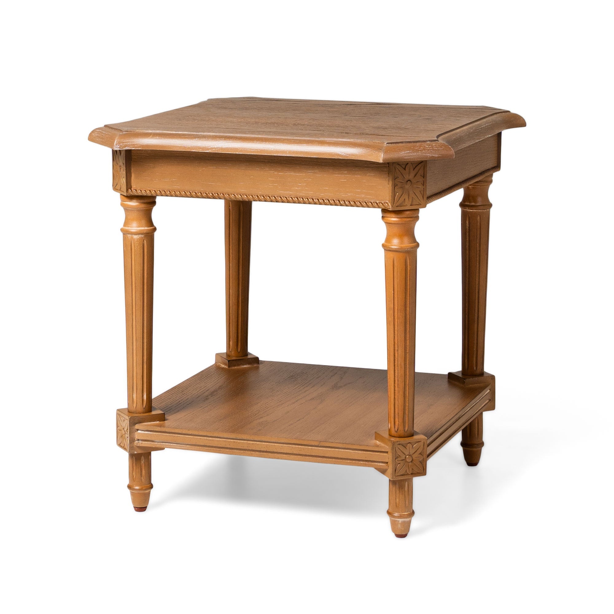 Pullman Traditional Square Wooden Side Table in Antiqued Natural Finish in Accent Tables by Maven Lane