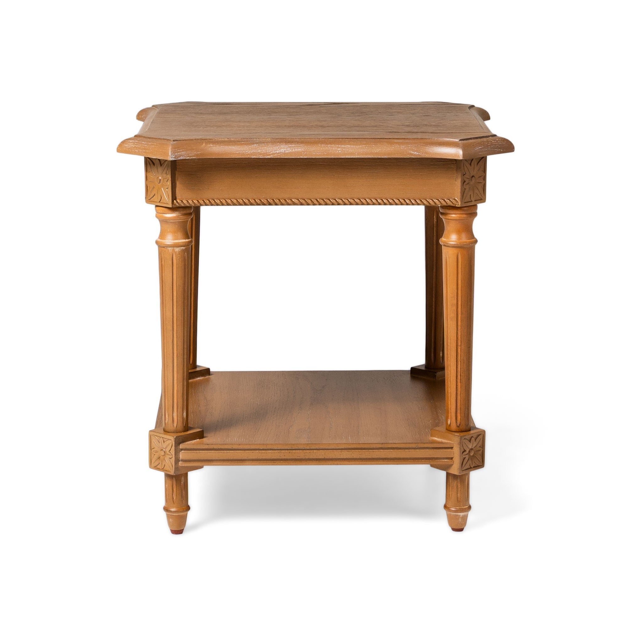 Pullman Traditional Square Wooden Side Table in Antiqued Natural Finish in Accent Tables by Maven Lane