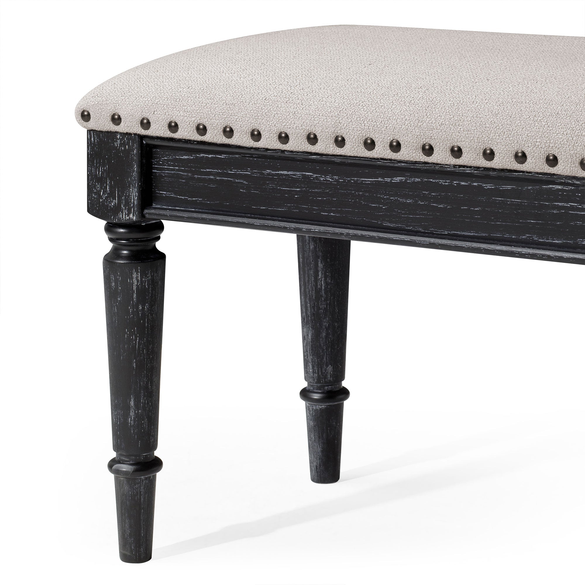 Elizabeth Classical Upholstered Wooden Bench in Antiqued Black Finish in Ottomans & Benches by Maven Lane