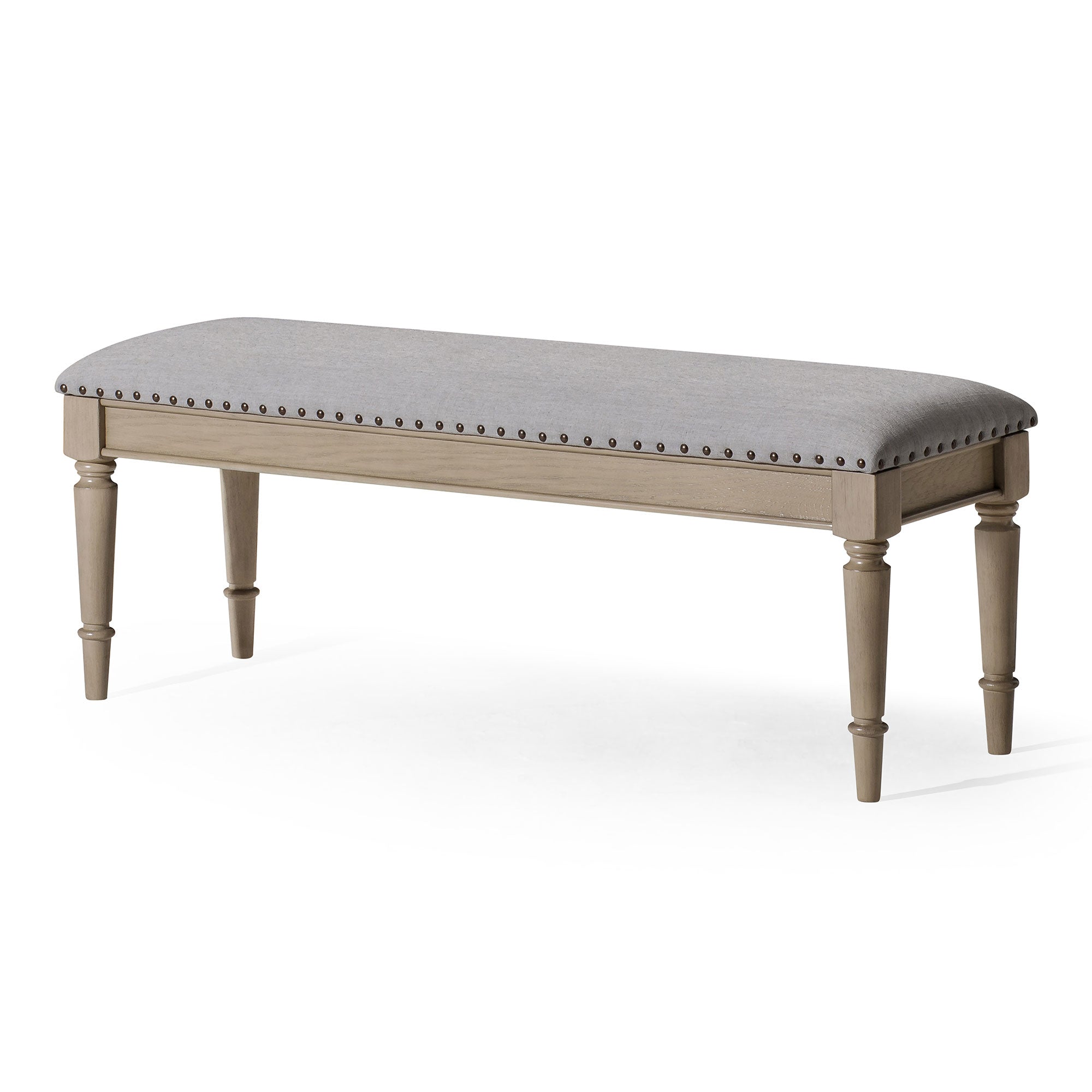 Elizabeth Classical Upholstered Wooden Bench in Antiqued Grey Finish in Ottomans & Benches by Maven Lane