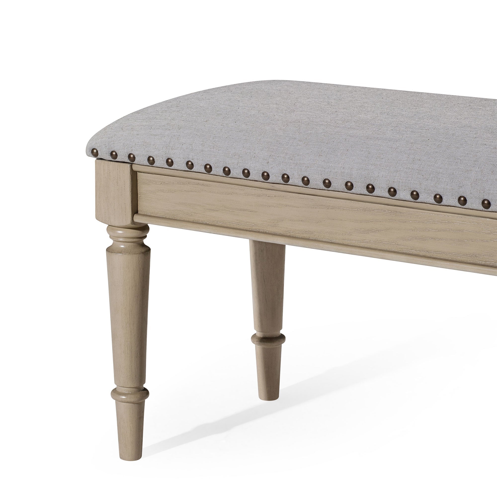 Elizabeth Classical Upholstered Wooden Bench in Antiqued Grey Finish in Ottomans & Benches by Maven Lane