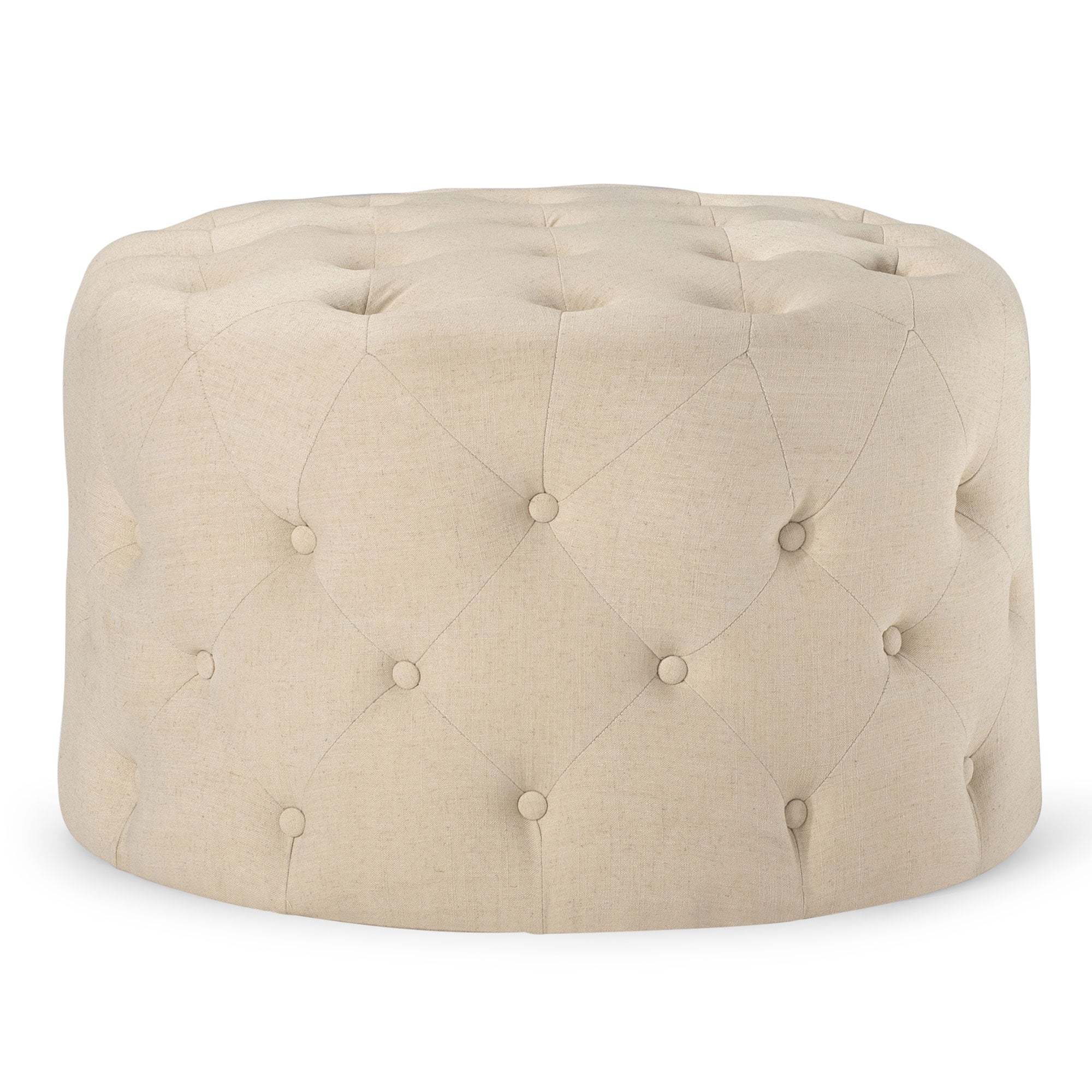 Marcy Classical Round Ottoman in Taupe Fabric Upholstery in Ottomans & Benches by Maven Lane
