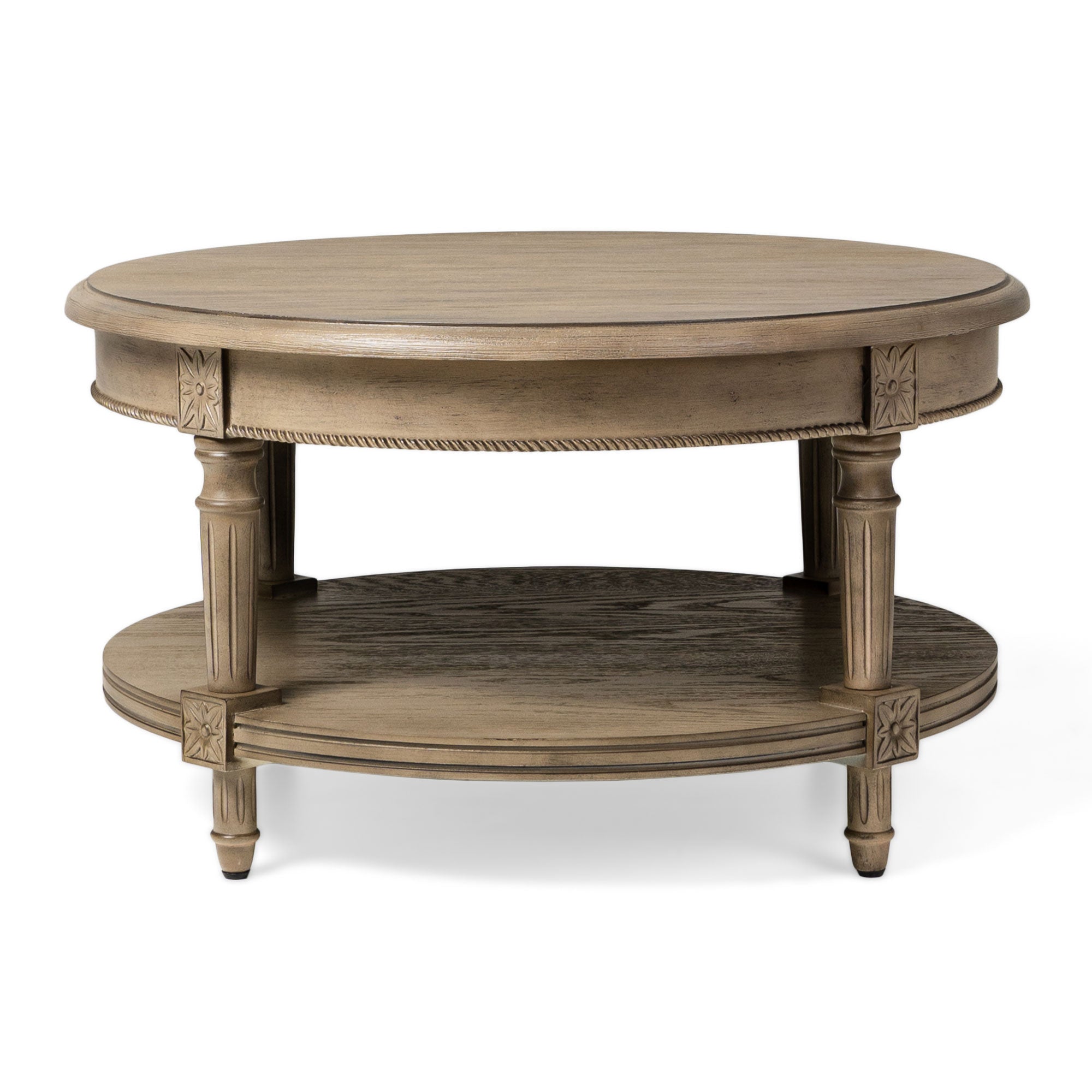 Pullman Traditional Round Wooden Coffee Table in Antiqued Grey Finish in Accent Tables by Maven Lane
