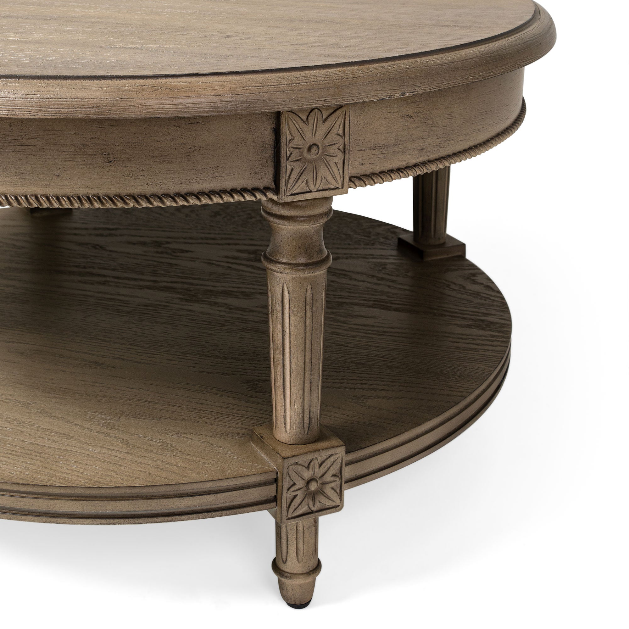 Pullman Traditional Round Wooden Coffee Table in Antiqued Grey Finish in Accent Tables by Maven Lane