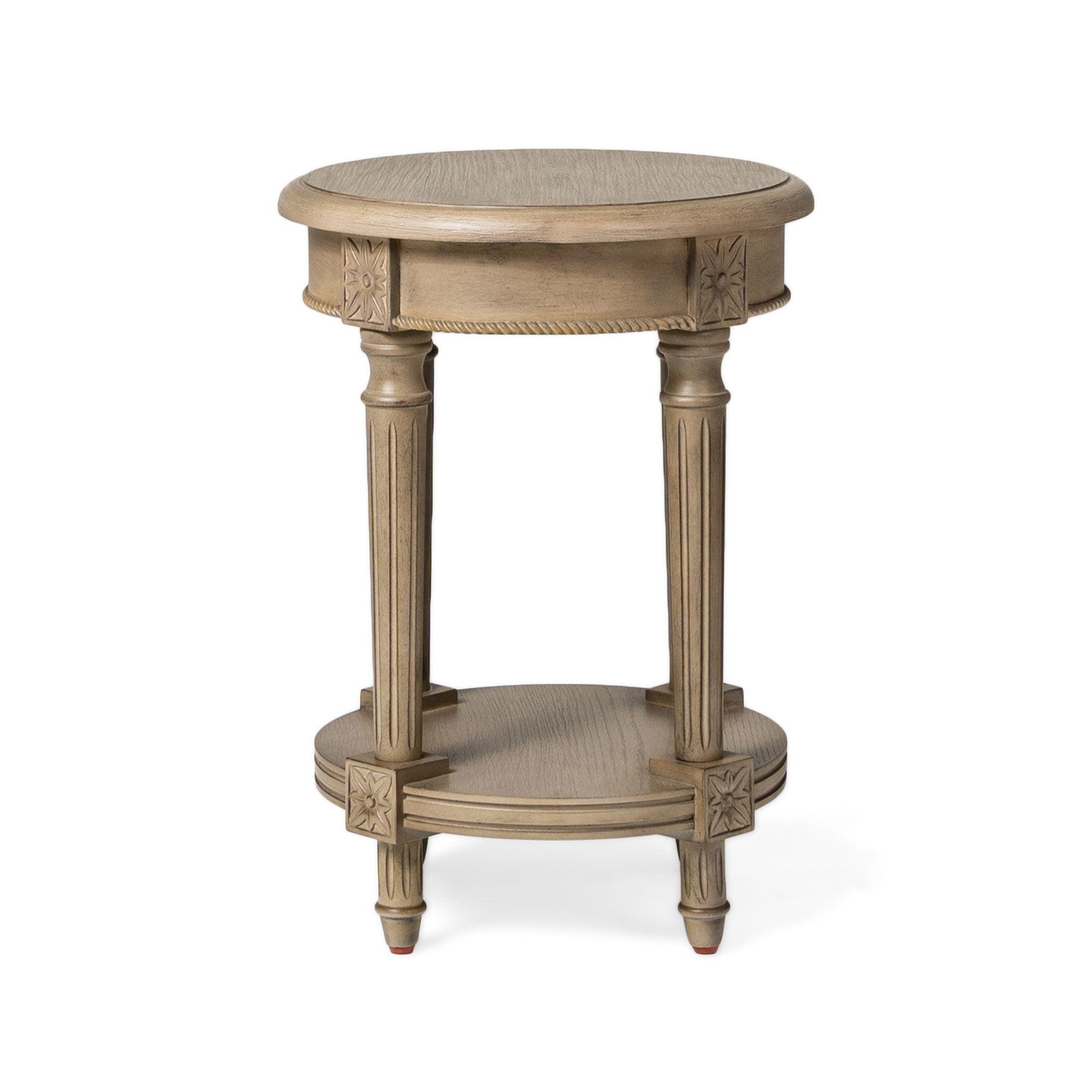 Pullman Traditional Round Wooden Side Table in Antiqued Grey Finish in Accent Tables by Maven Lane