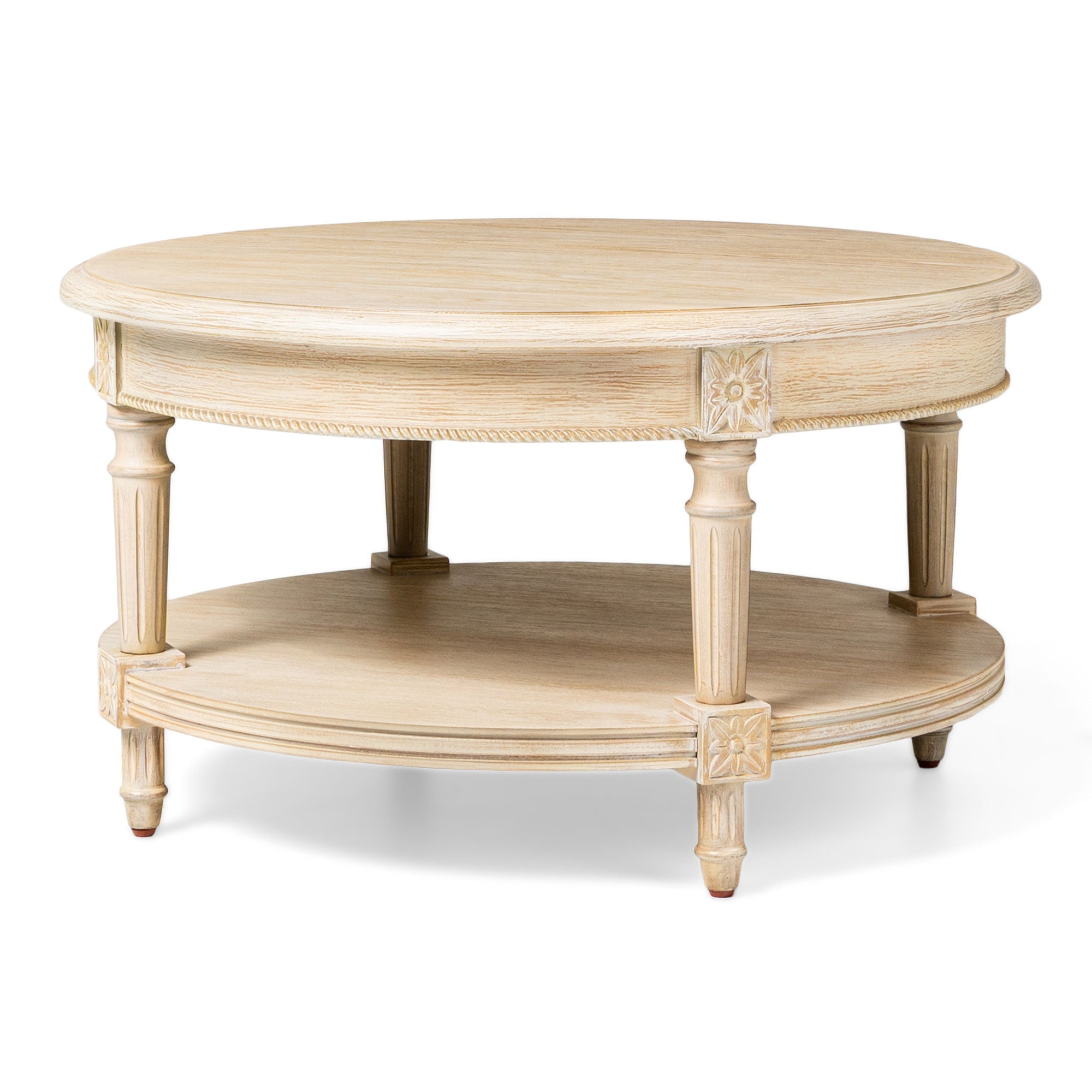 Pullman Traditional Round Wooden Coffee Table in Antiqued White Finish in Accent Tables by Maven Lane