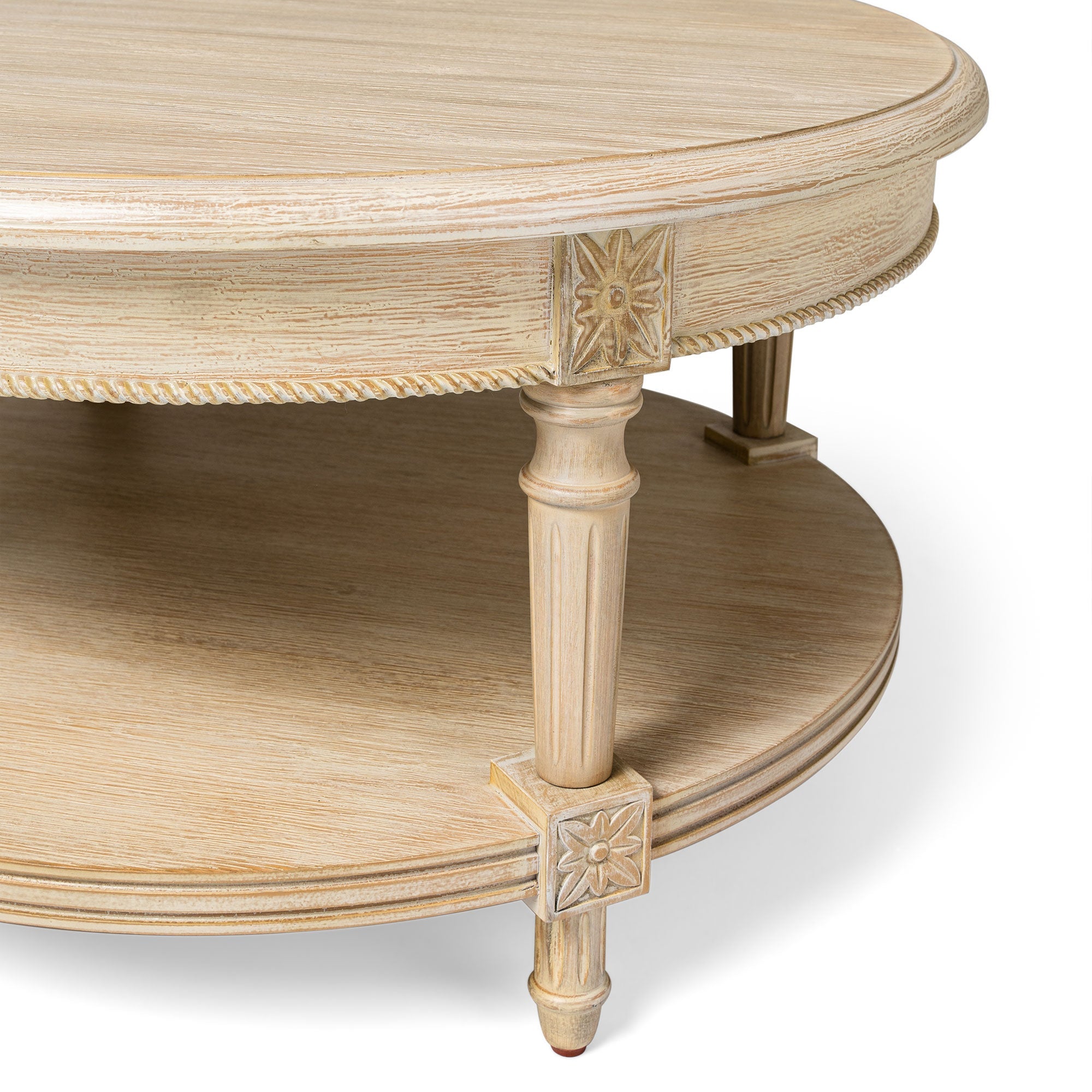 Pullman Traditional Round Wooden Coffee Table in Antiqued White Finish in Accent Tables by Maven Lane