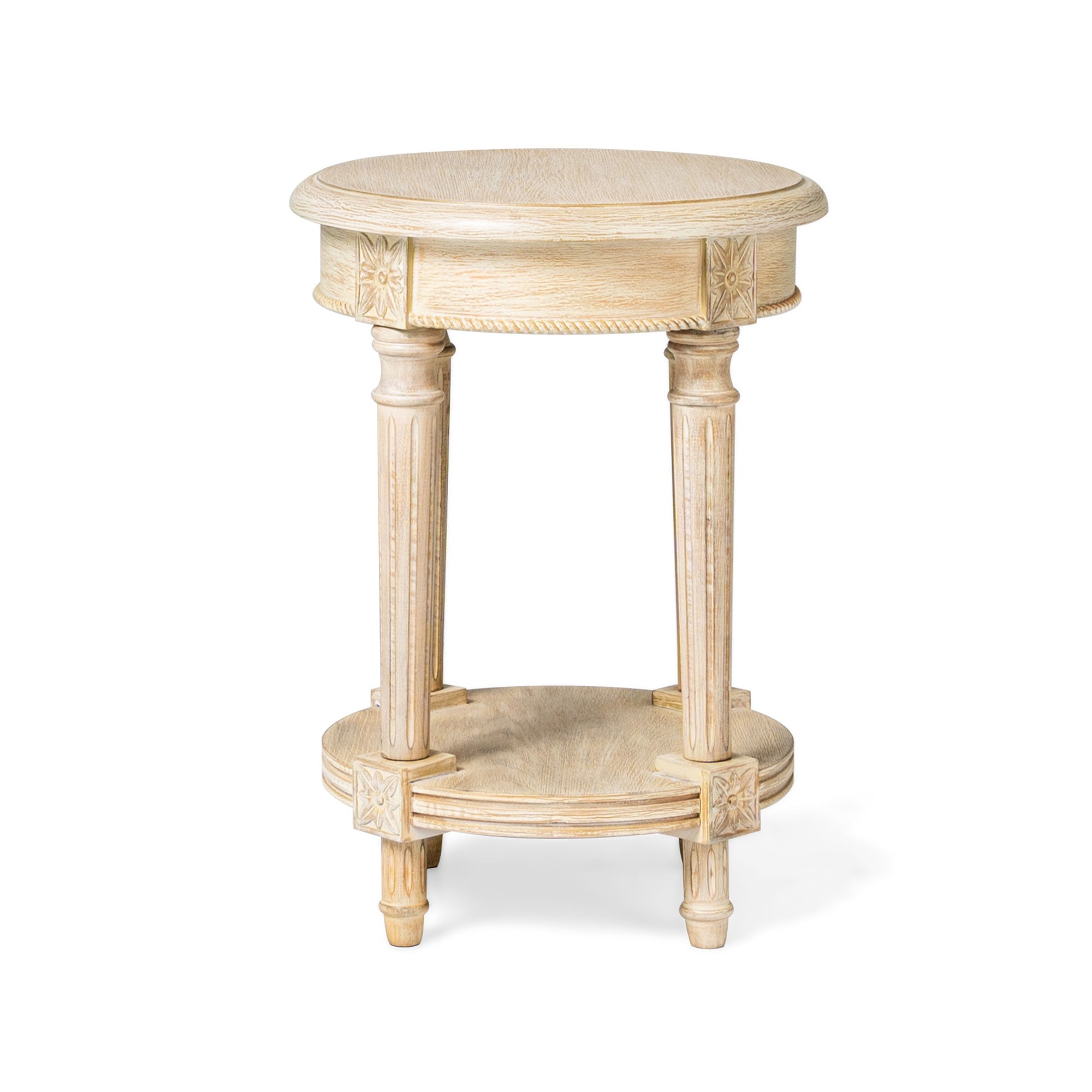 Pullman Traditional Round Wooden Side Table in Antiqued White Finish in Accent Tables by Maven Lane