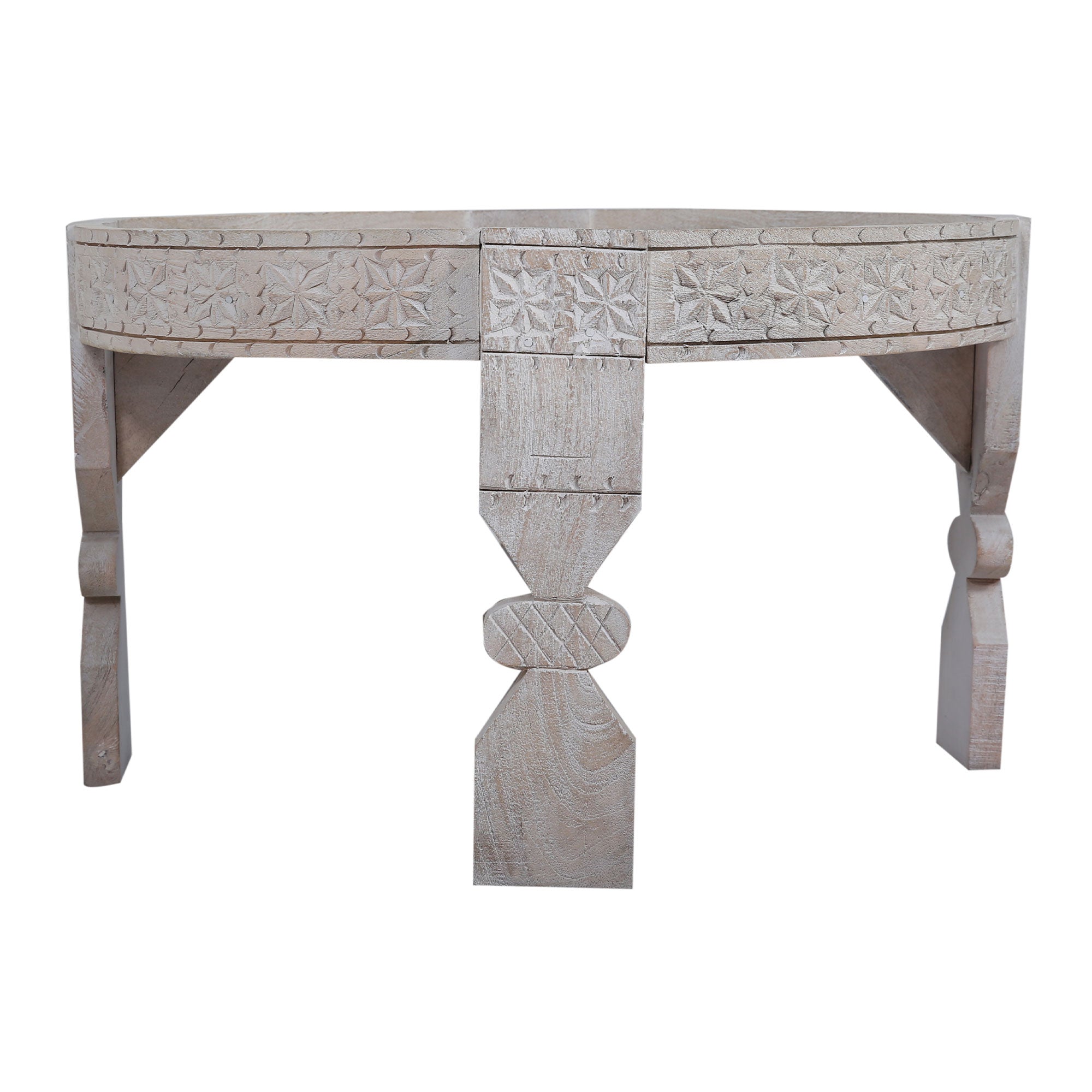 Ananya Nomad Round Wooden Coffee Table in Distressed White Finish in Accent Tables by VMInnovations