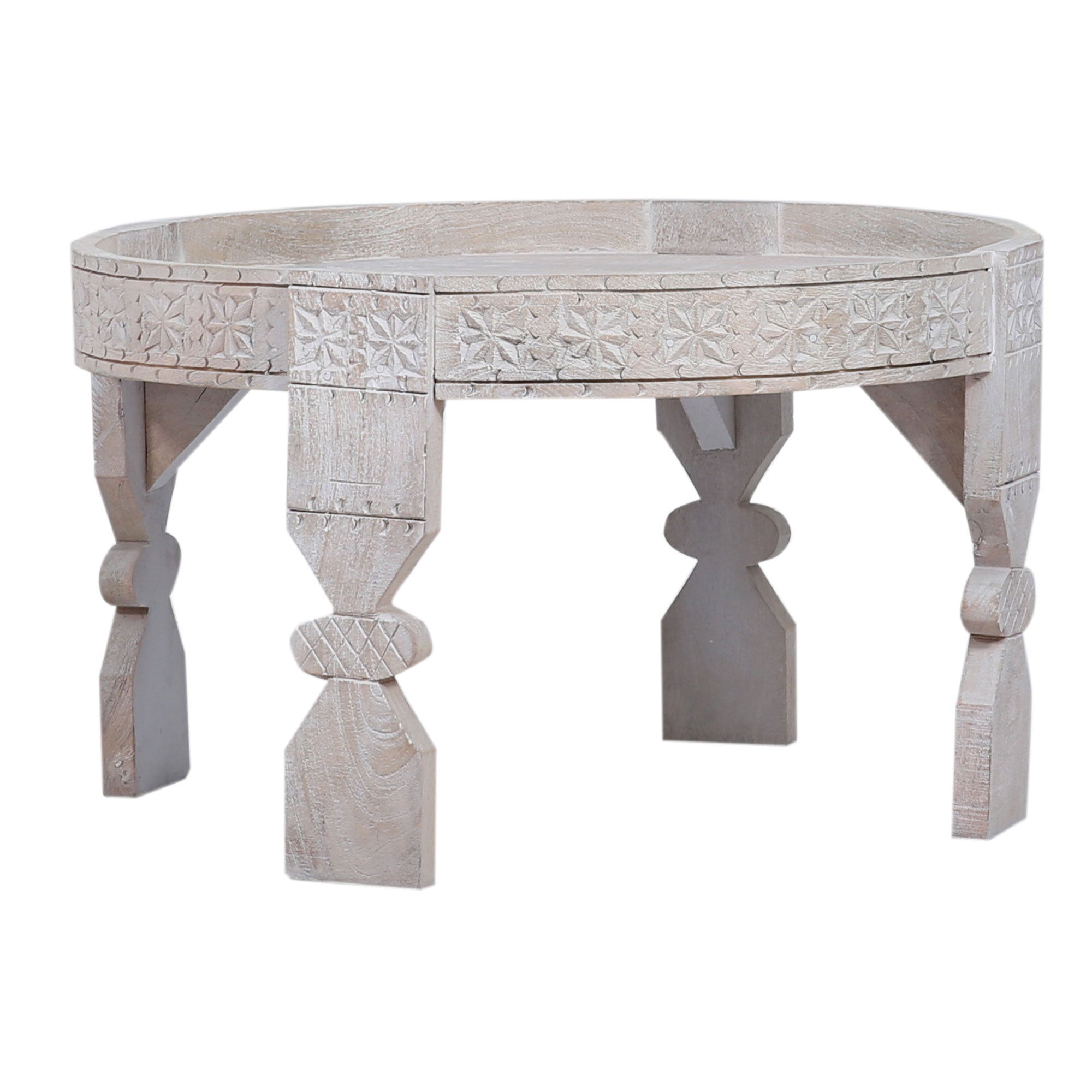 Ananya Nomad Round Wooden Coffee Table in Distressed White Finish in Accent Tables by VMInnovations