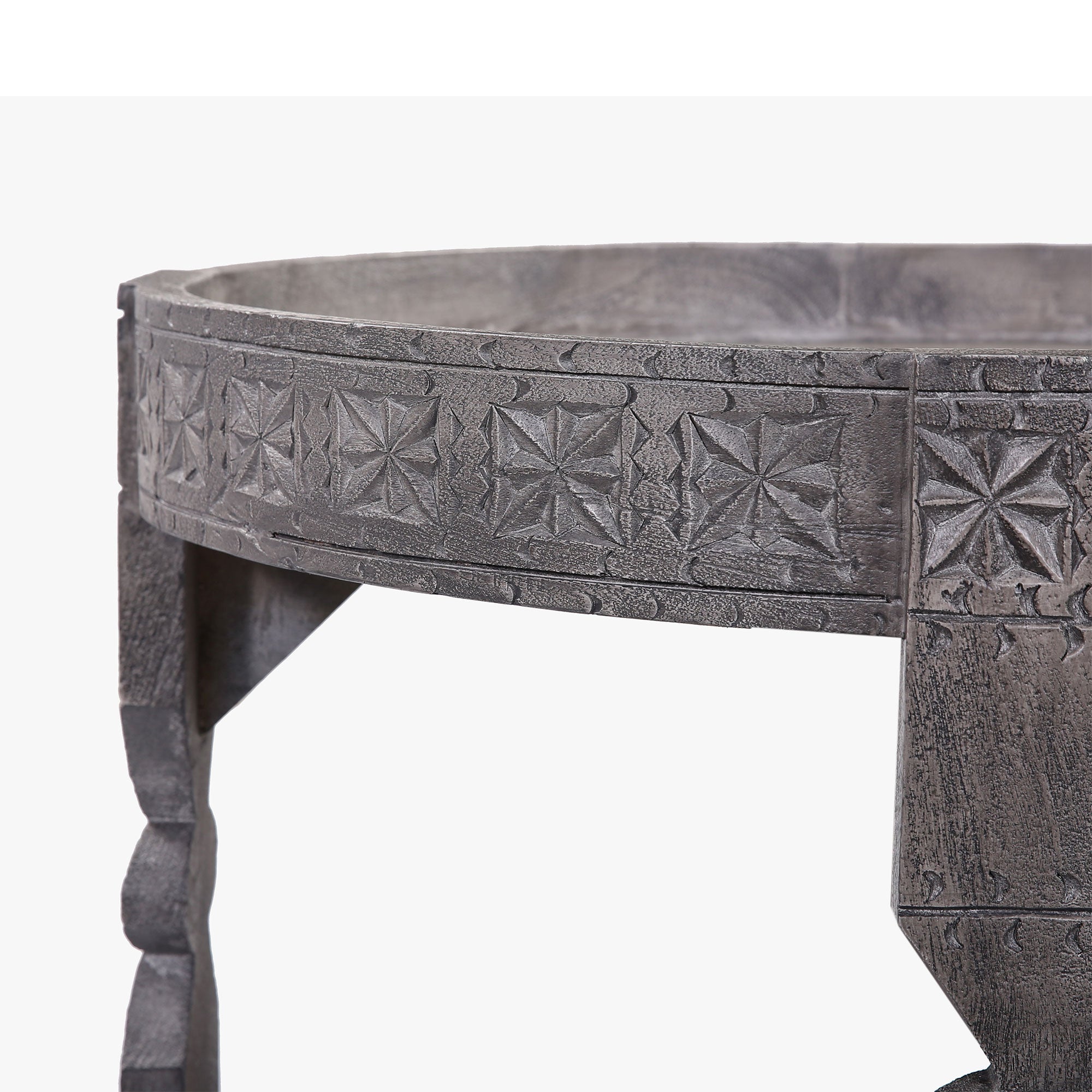 Ananya Nomad Round Wooden Coffee Table in Distressed Grey Finish in Accent Tables by VMInnovations