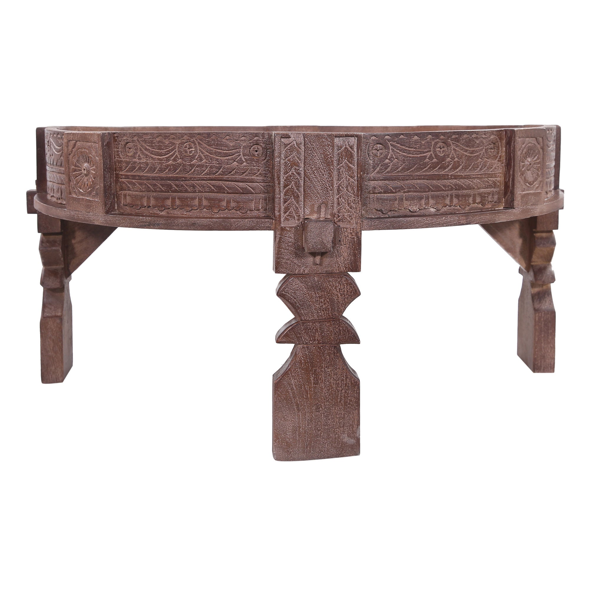 Jaya Nomad Wooden Round Coffee Table in Brown Distressed Finish in Accent Tables by Maven Lane