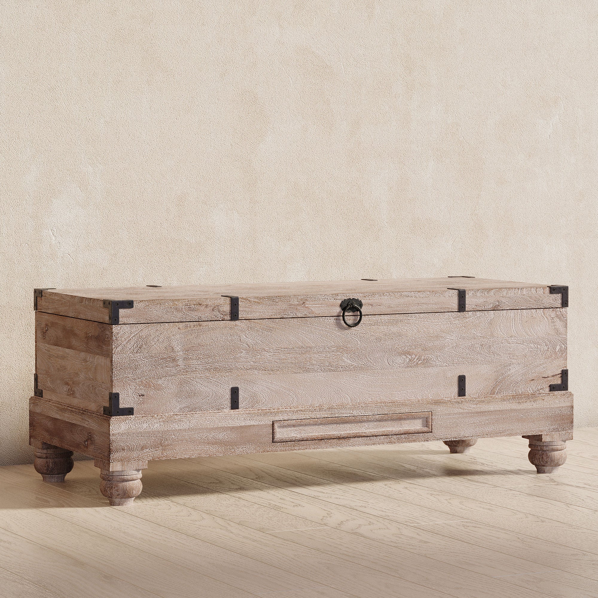 Nerio Nomad Wooden Storage Bench in Distressed Natural Finish in Ottomans & Benches by VMInnovations