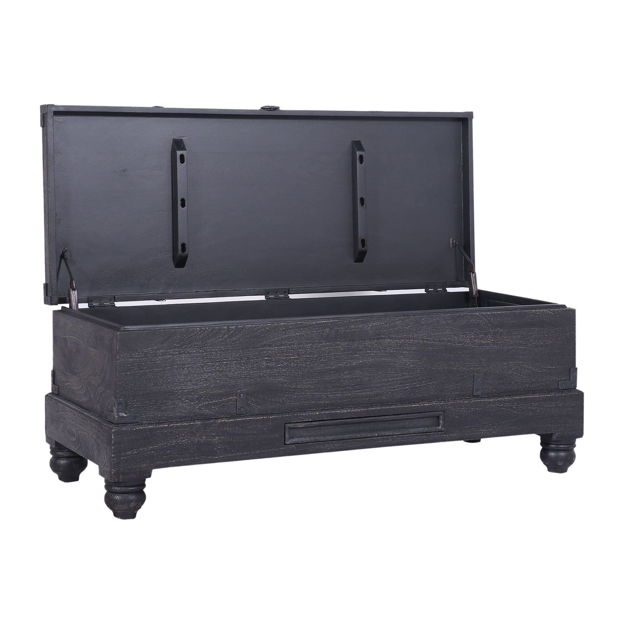 Nerio Nomad Wooden Storage Bench in Black Distressed Finish in Ottomans & Benches by Maven Lane