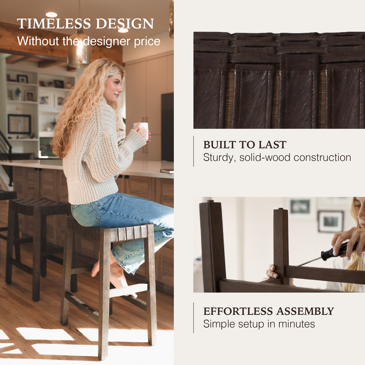 Emerson Counter Stool In Brown Finish & Brown Woven Leather Seat in Stools by Maven Lane
