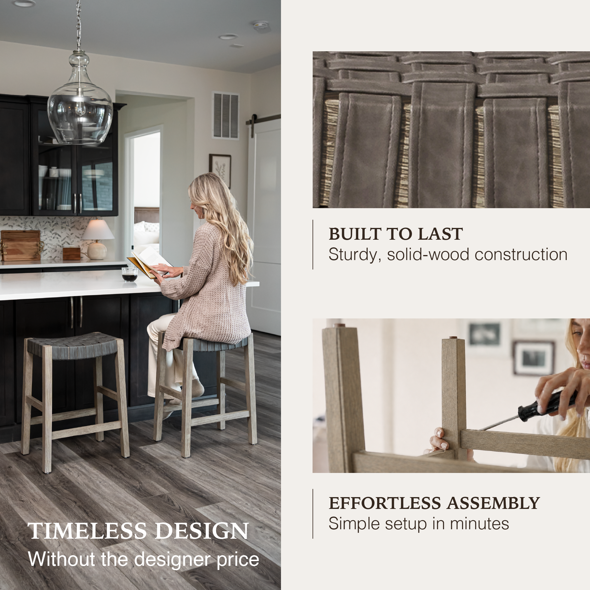 Emerson Counter Stool In Grey Finish & Grey Woven Leather Seat in Stools by Maven Lane