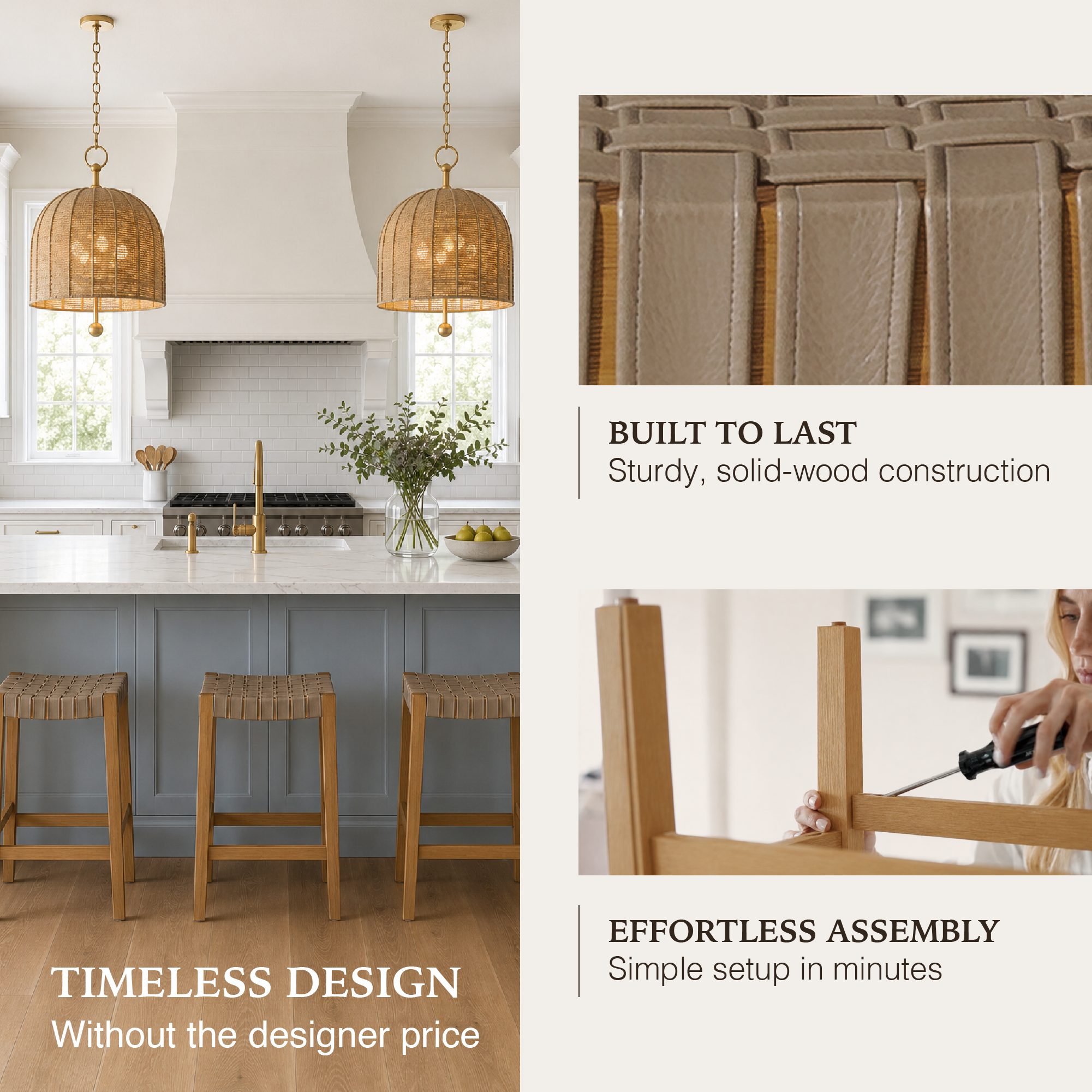Emerson Counter Stool In Natural Finish & Beige Woven Leather Seat in Stools by Maven Lane