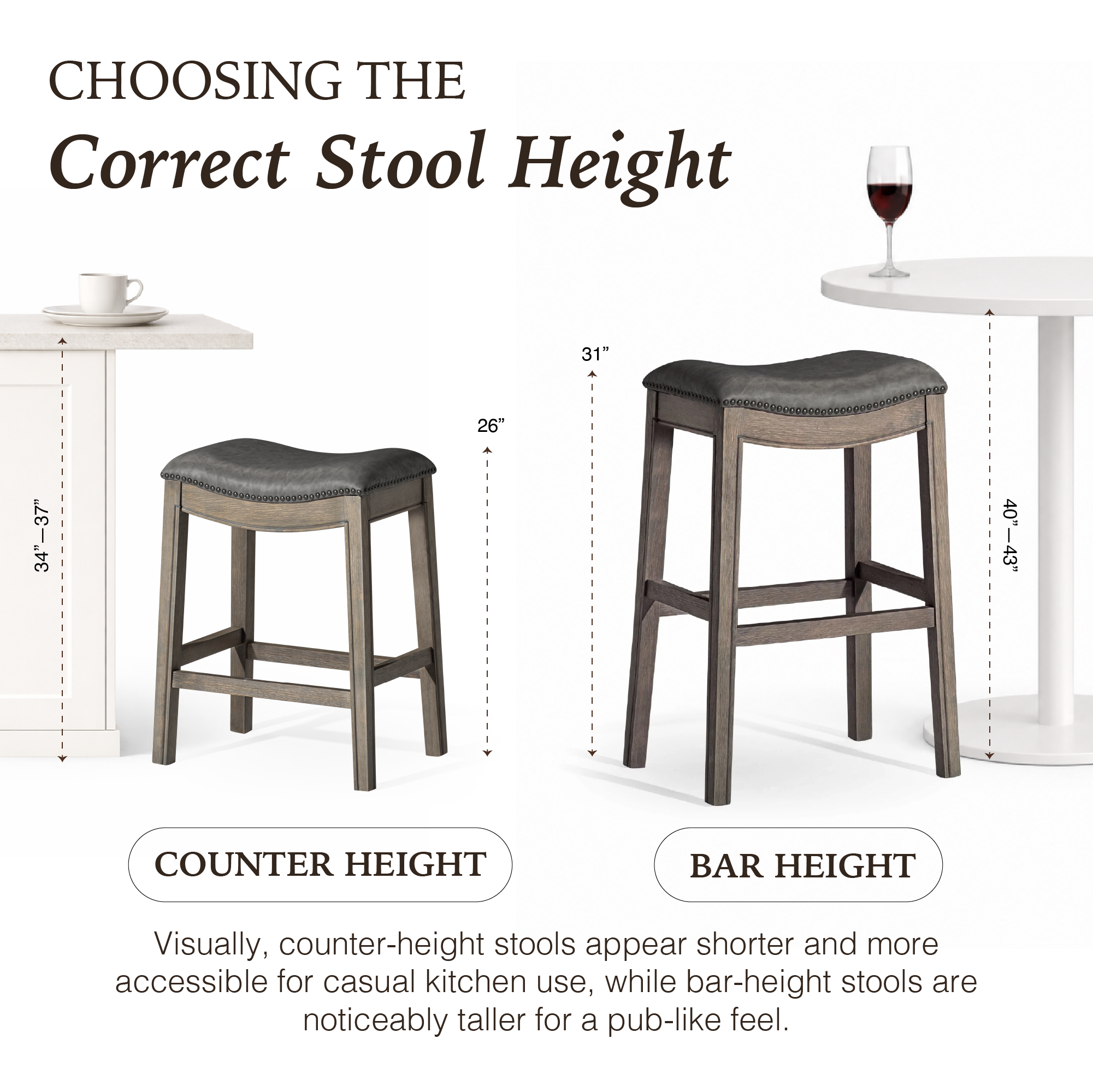 Adrien Saddle Counter Stool in Grey Finish with Grey Faux Leather in Stools by Maven Lane