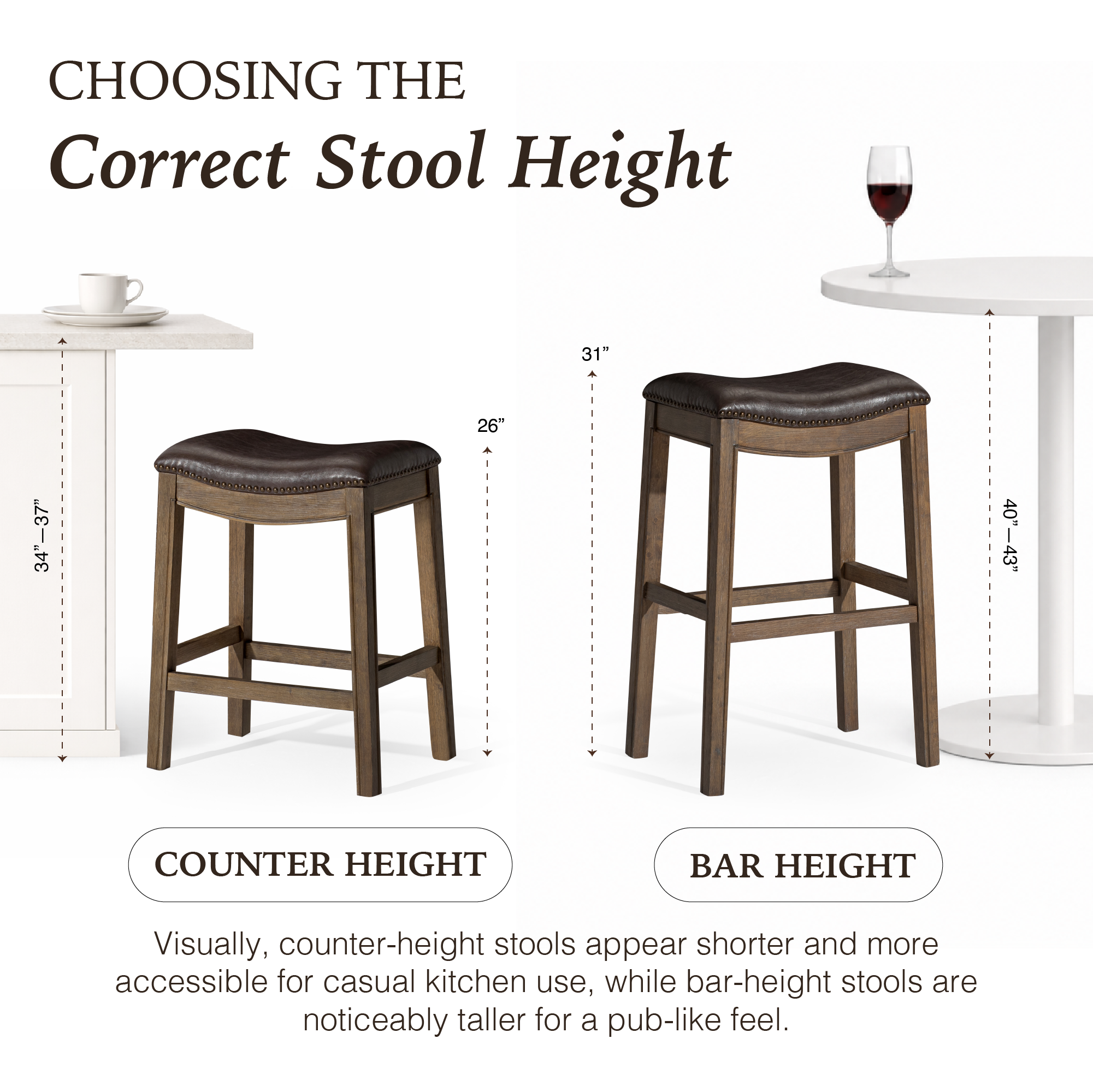 Adrien Saddle Counter Stool in Brown Finish with Dark Brown Faux Leather in Stools by Maven Lane