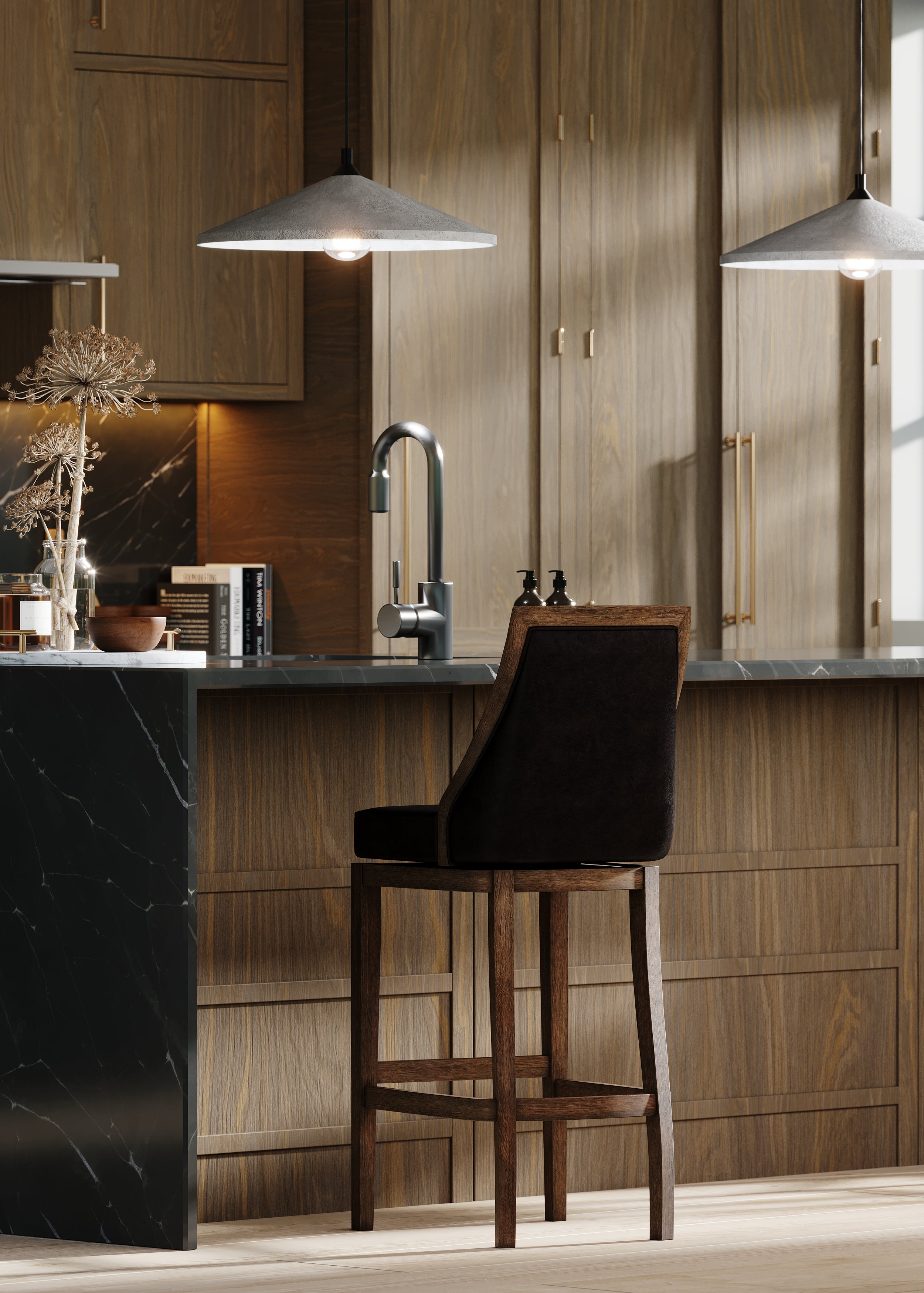 31" Vienna Bar Stool in Walnut Finish with Marksman Saddle Vegan Leather in Stools by Maven Lane