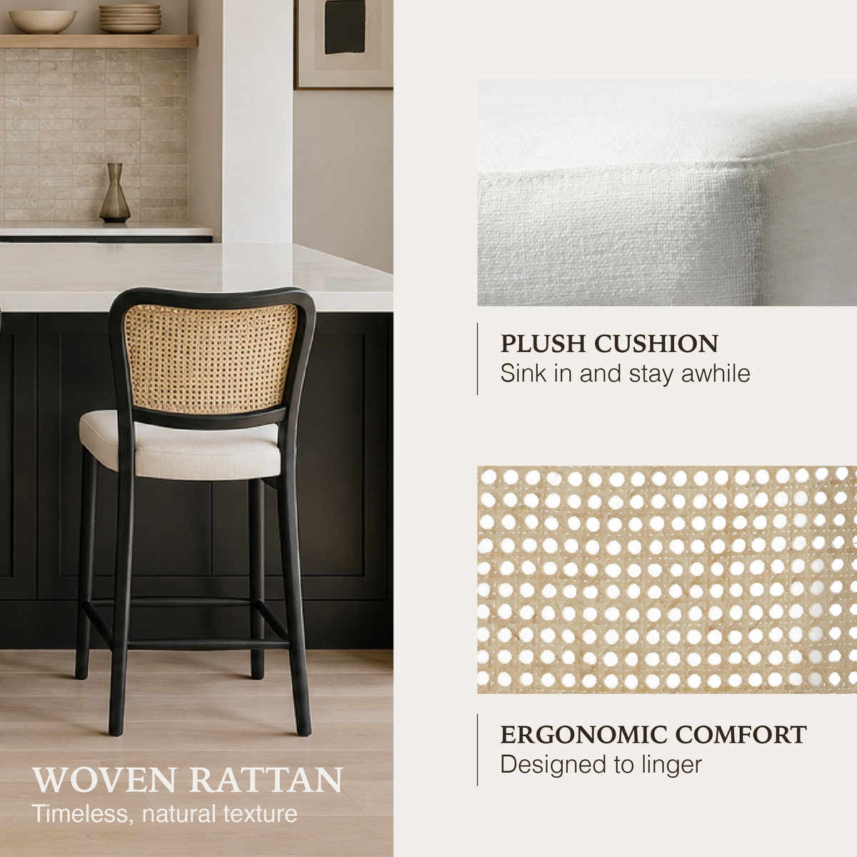Vera Counter Stool in Black Finish with White Fabric Upholstery in Stools by Maven Lane