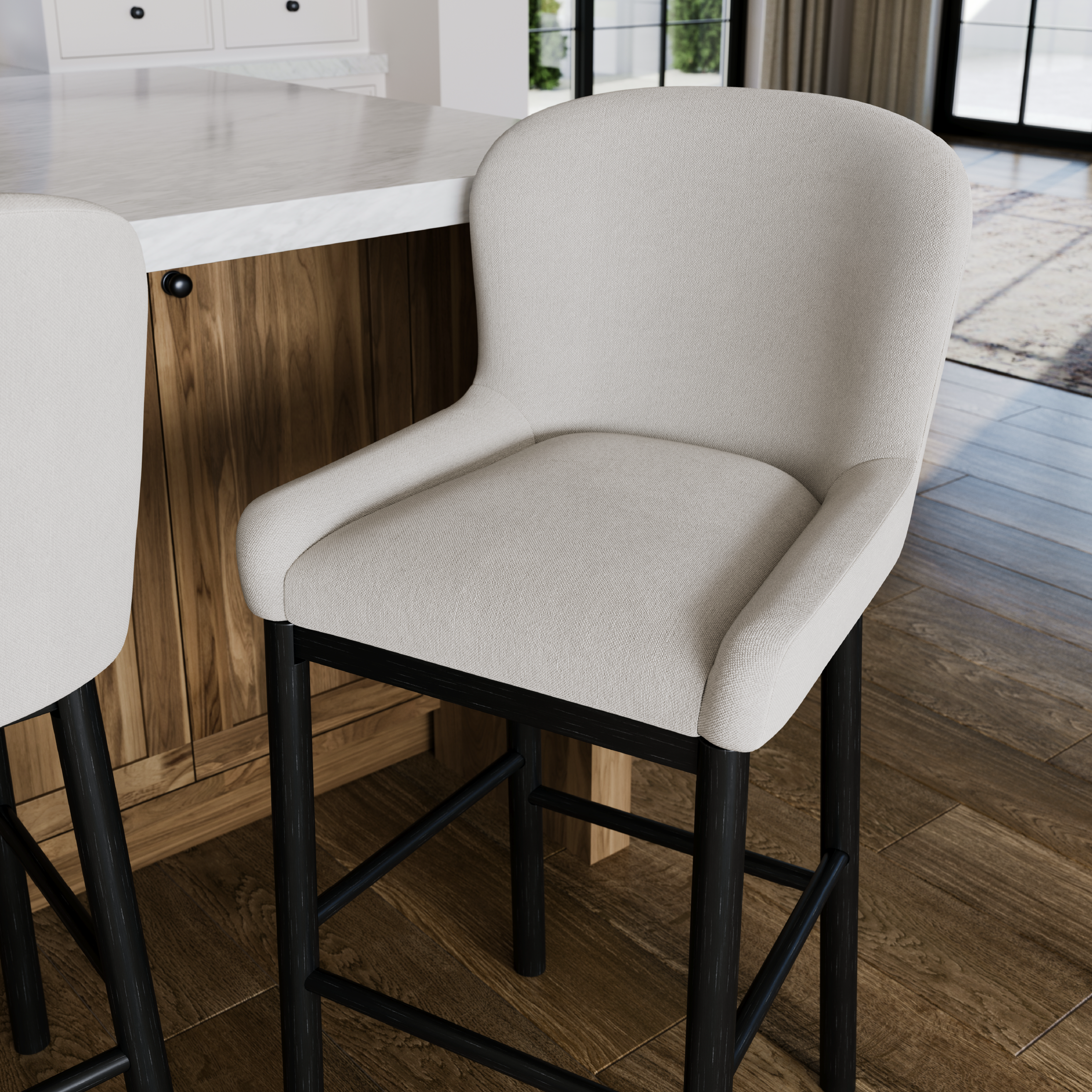 Gia Bar Stool in Aged Black Finish With Dove Weave Fabric in Stools by Maven Lane