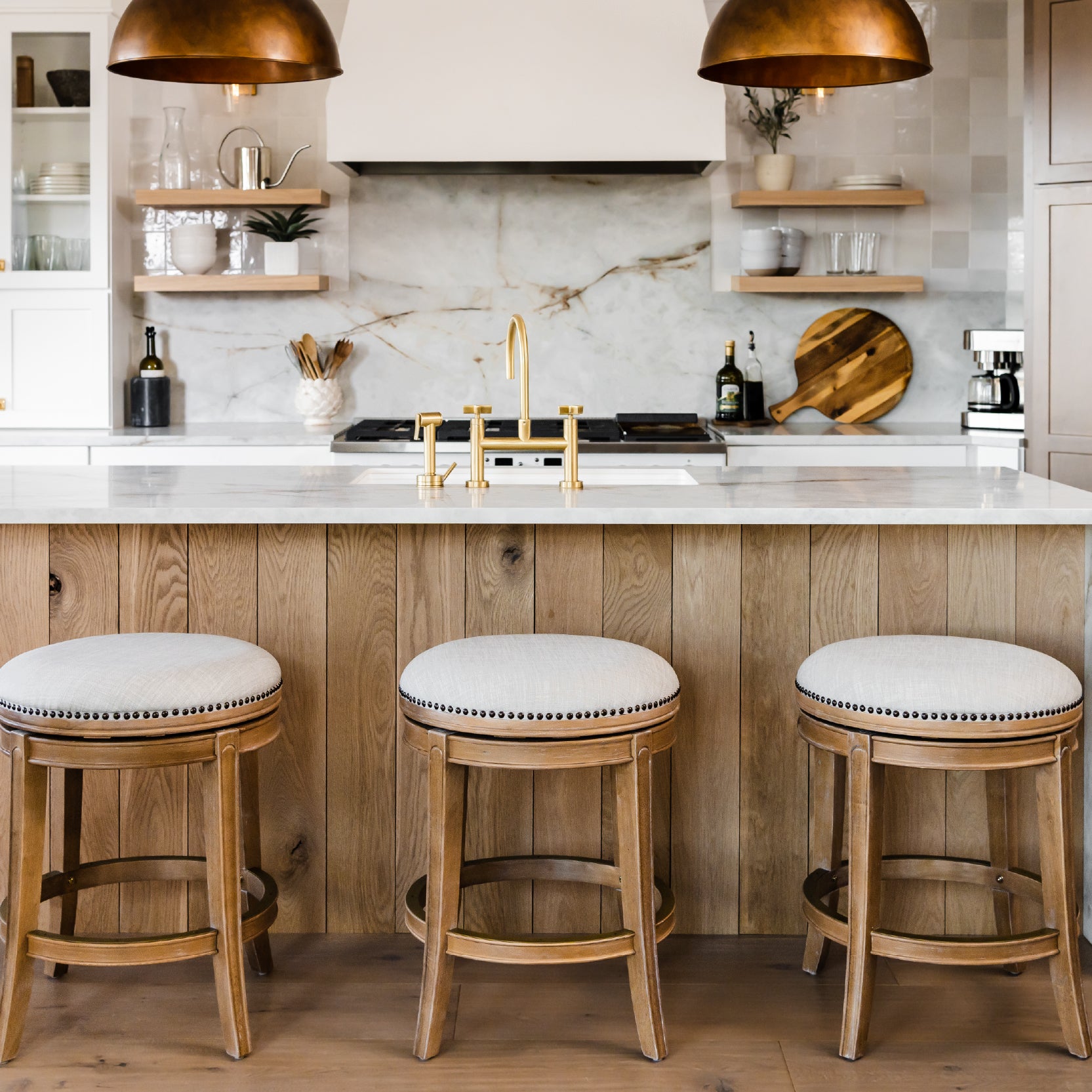 26" Alexander Backless Counter Stool in Weathered Oak Finish with Sand Color Fabric Upholstery in Stools by Maven Lane