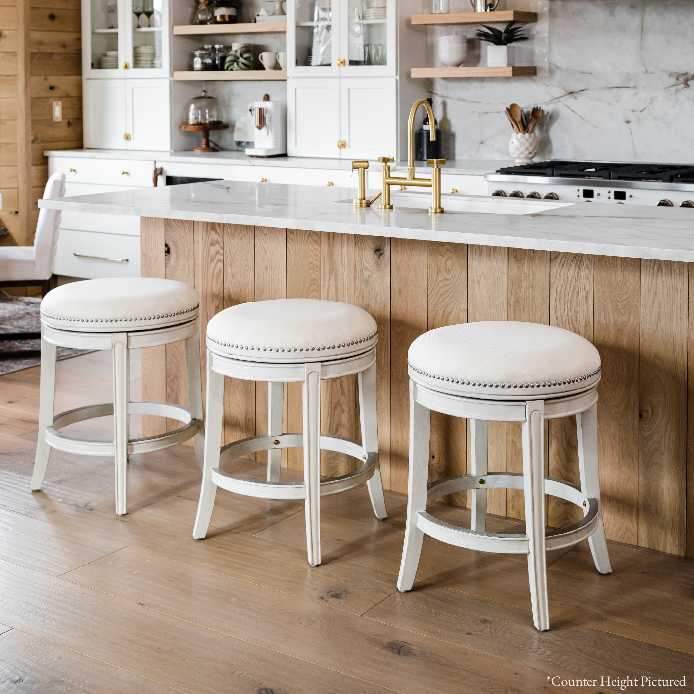 31" Alexander Backless Bar Stool in Cream Finish with Natural Fabric Upholstery in Stools by Maven Lane
