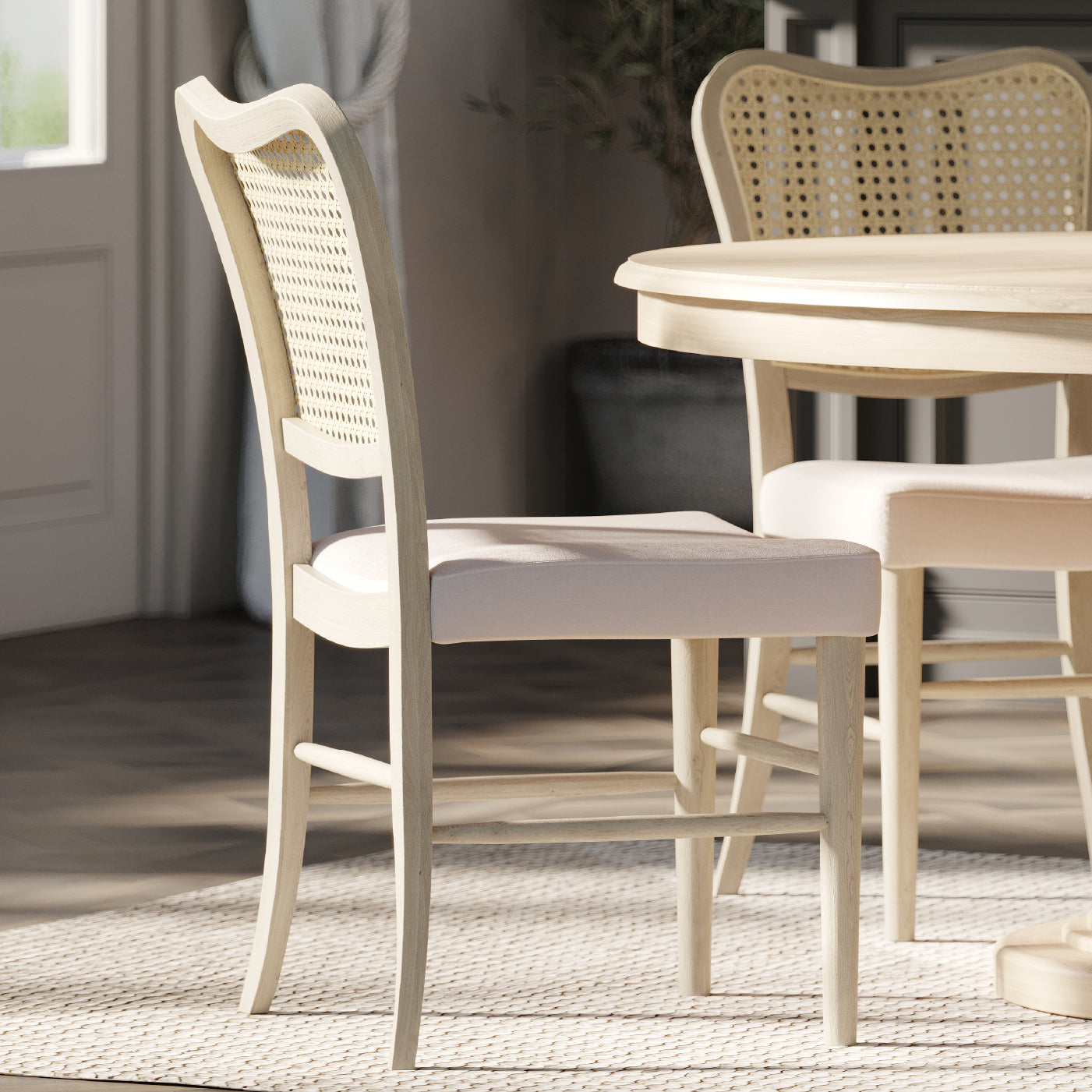 Vera Dining Chair in Aged White with Cream Weave Fabric, Set of 2 in Dining Chair by Maven Lane