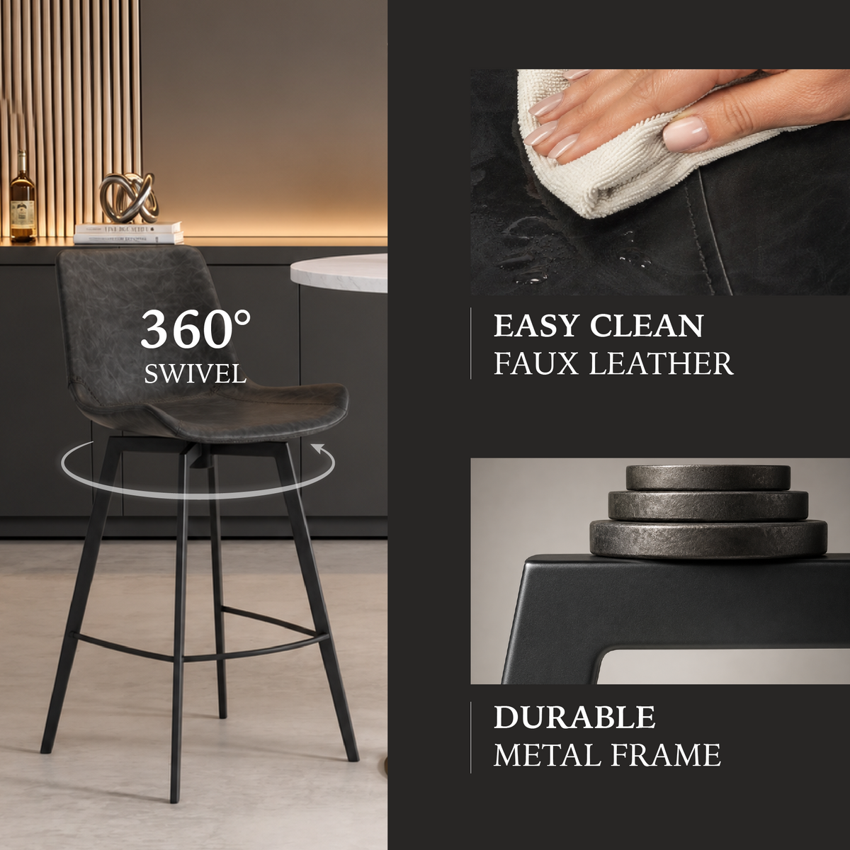 Victor Bar Stool in Black Finish with Dark Grey Faux Leather in Stools by Maven Lane