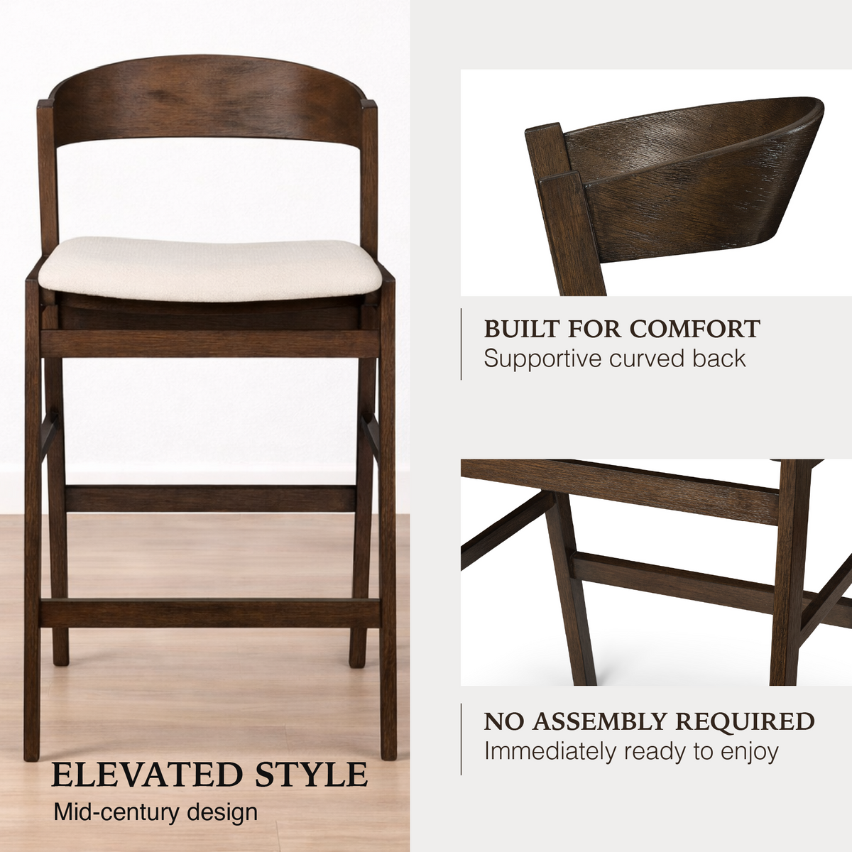 Harbor Counter Stool in Aged Brown with Light Beige Fabric Upholstery in Maven Lane by Maven Lane