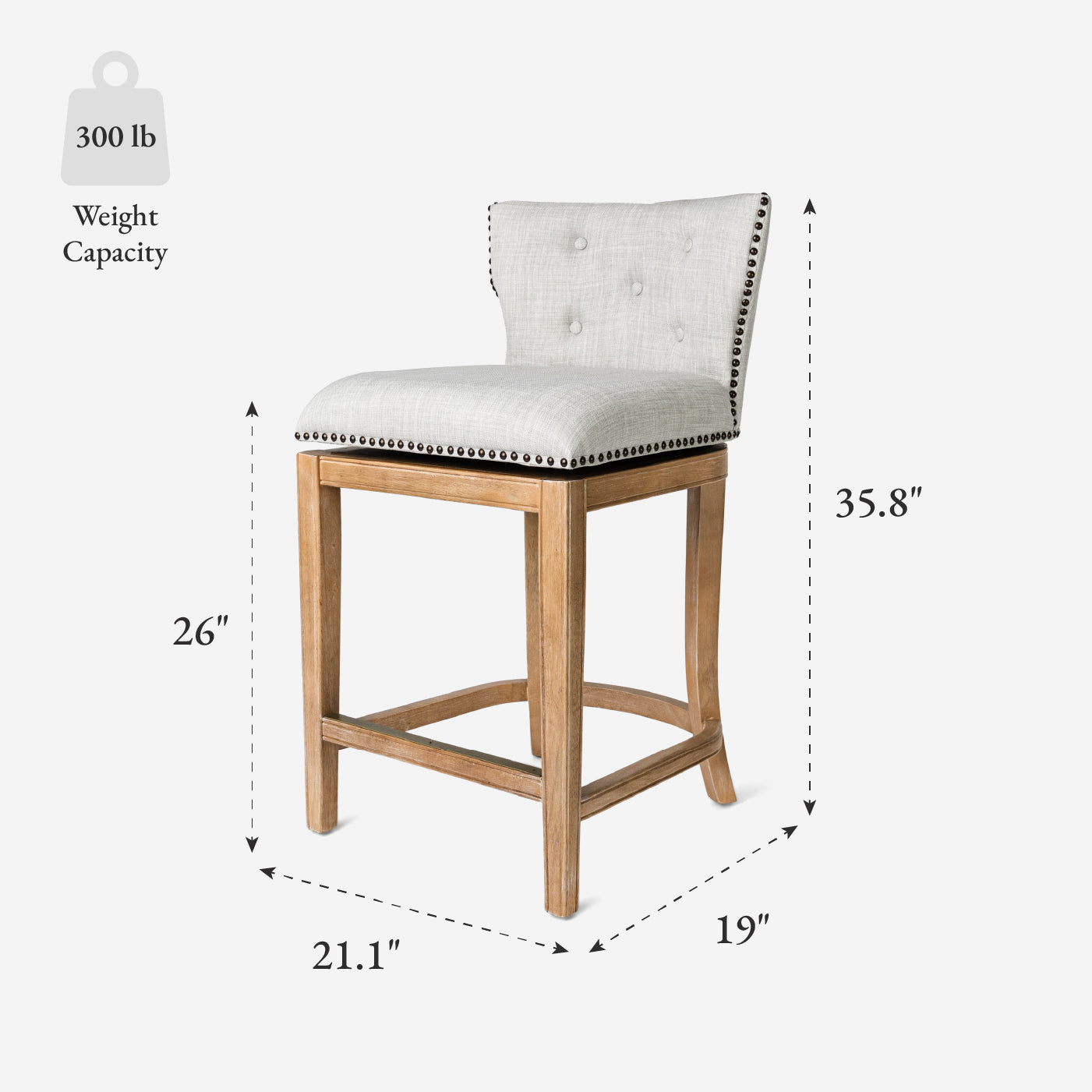 26" Hugo Counter Stool in Natural Finish with Light Grey Fabric Upholstery in Maven Lane by Maven Lane