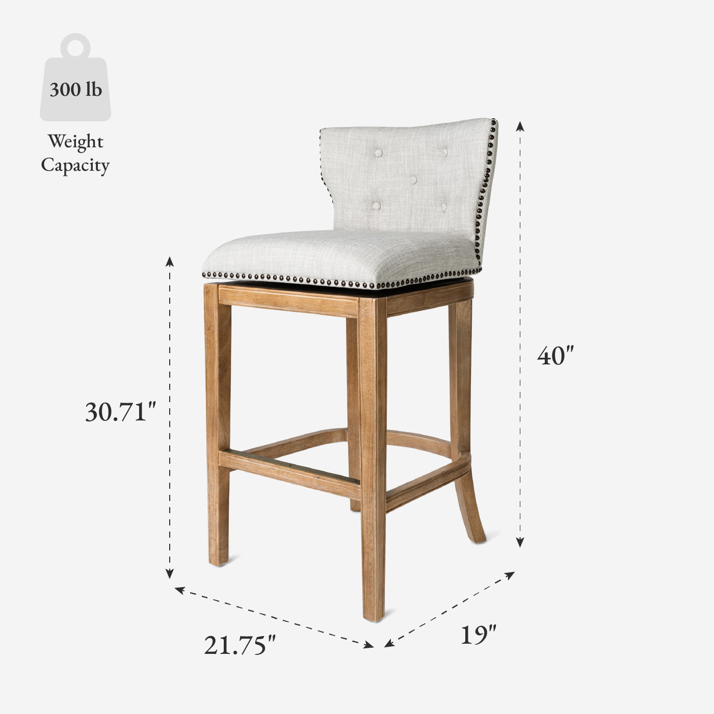 31" Hugo Bar Stool in Natural Finish with Light Grey Fabric Upholstery in Maven Lane by Maven Lane
