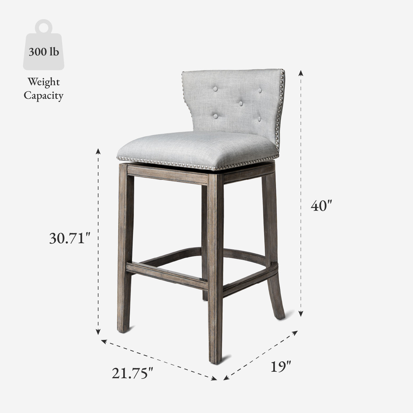 31" Hugo Bar Stool in Grey Finish with Grey Fabric Upholstery in Maven Lane by Maven Lane