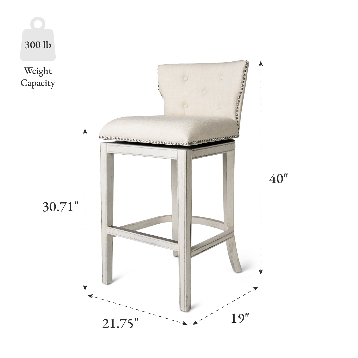 31" Hugo Bar Stool in Cream Finish and Cream Fabric Upholstery in Maven Lane by Maven Lane