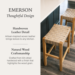Emerson Counter Stool In Natural Finish & Beige Woven Leather Seat in Stools by Maven Lane