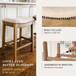 Adrien Saddle Counter Stool in Light Brown Finish and Natural Fabric Upholstery in Stools by Maven Lane