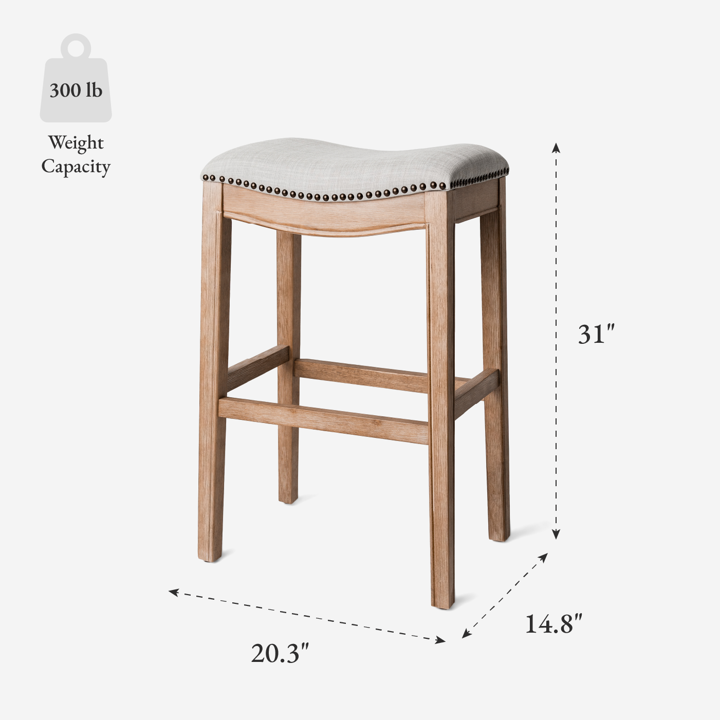 Adrien Saddle Bar Stool In Weathered Oak Finish With Sand Color Fabric Upholstery in Stools by Maven Lane