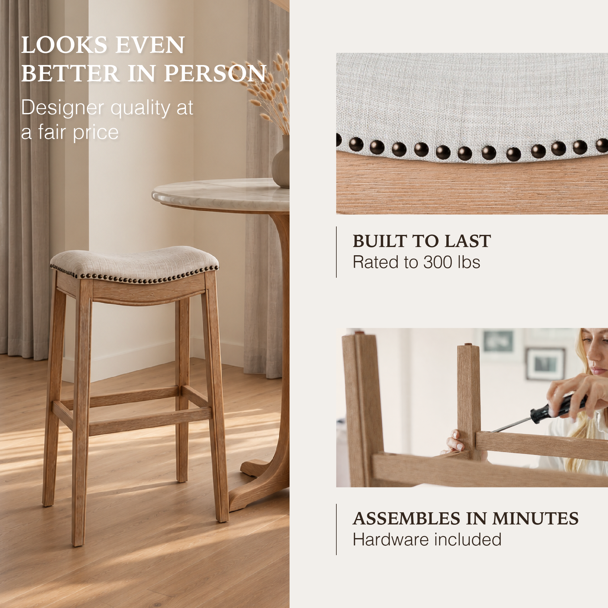 Adrien Saddle Bar Stool in Natural Finish with Light Grey Fabric in Stools by Maven Lane