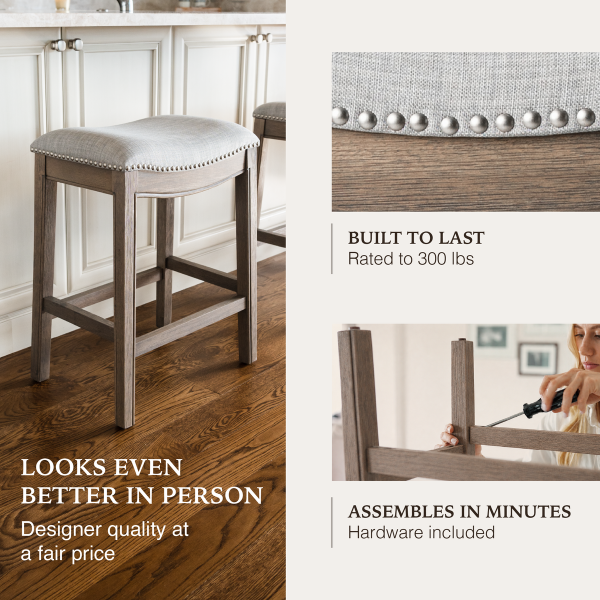 Adrien Saddle Counter Stool in Grey Finish with Grey Fabric in Stools by Maven Lane
