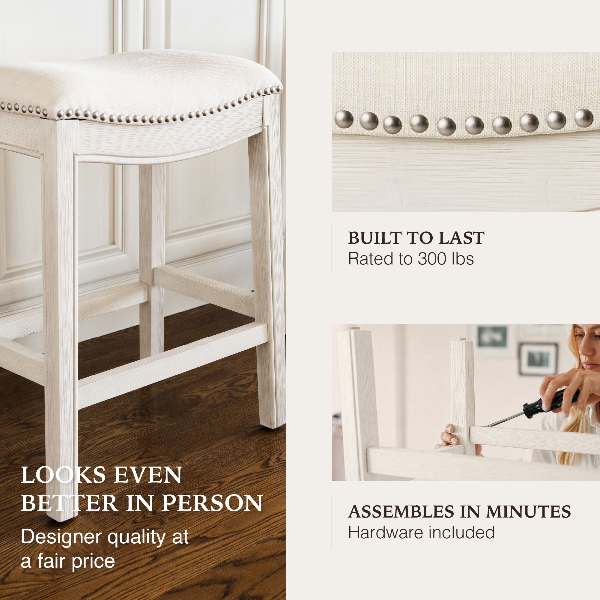 Adrien Saddle Counter Stool in Cream Finish and Cream Fabric in Stools by Maven Lane