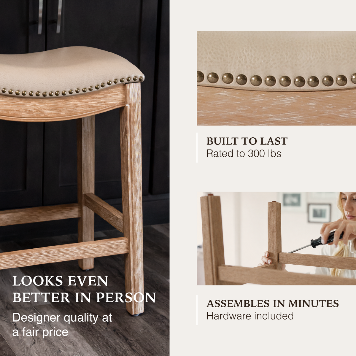 Adrien Saddle Counter Stool in Natural Finish with Beige Faux Leather in Stools by Maven Lane